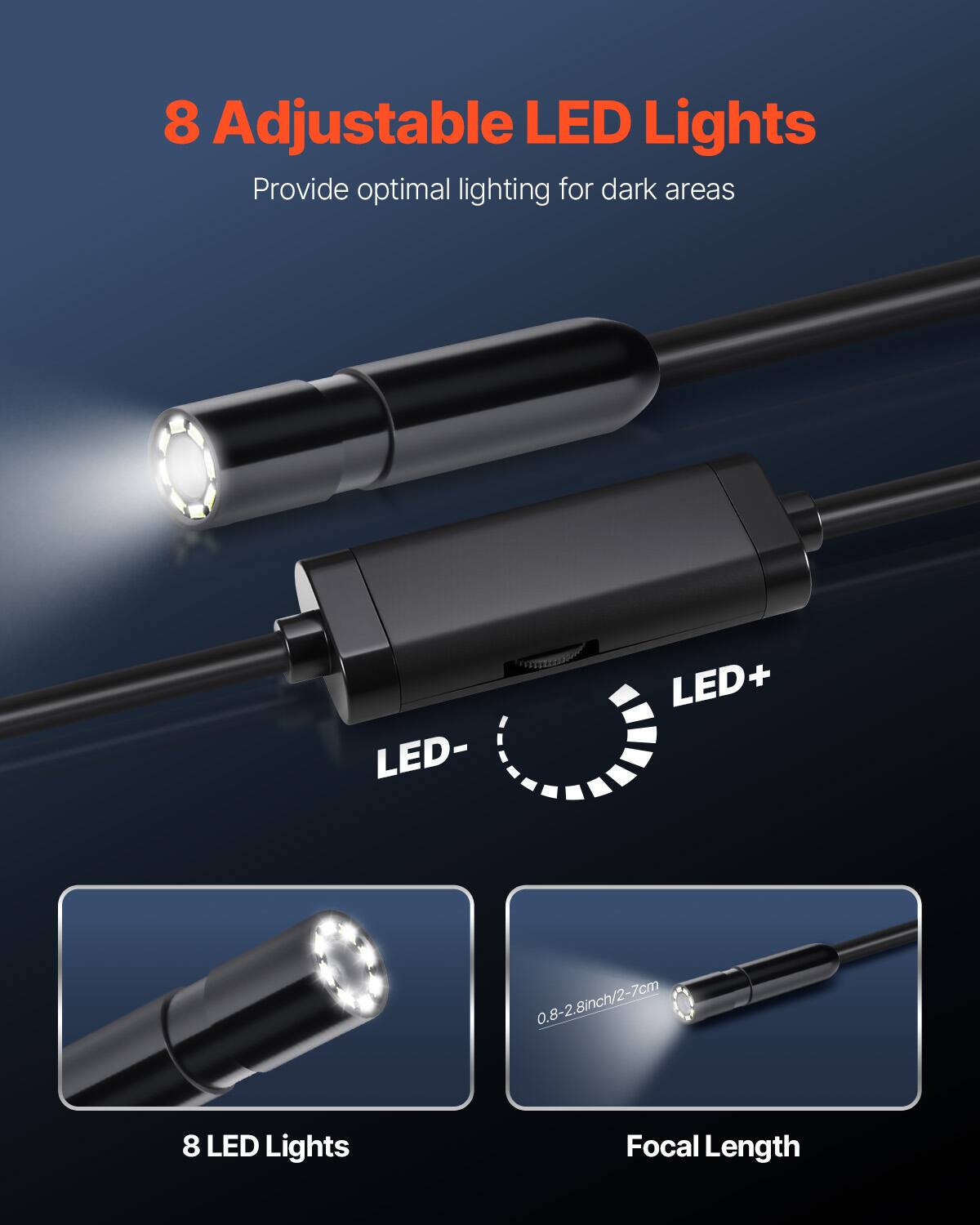 8 Adjustable LED Lights  
Provide optimal lighting for dark areas  

LED- LED+  
0.8-2.8 inch/2-7 cm  

8 LED Lights  
Focal Length