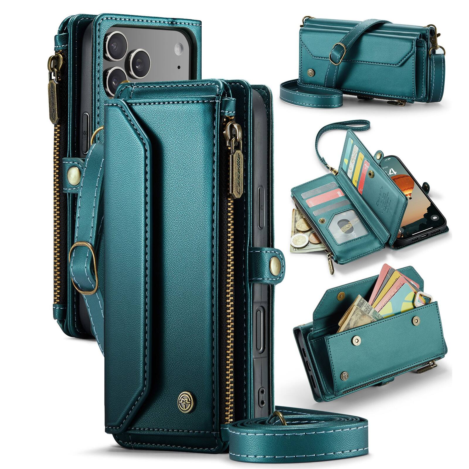 Front. UUCOVER - Magnetic Zipper Wallet Case for iPhone 18 Pro Max Leather Card Slots RFID Blocking Stand Cover with Shoulder/Wrist Strap - Green.