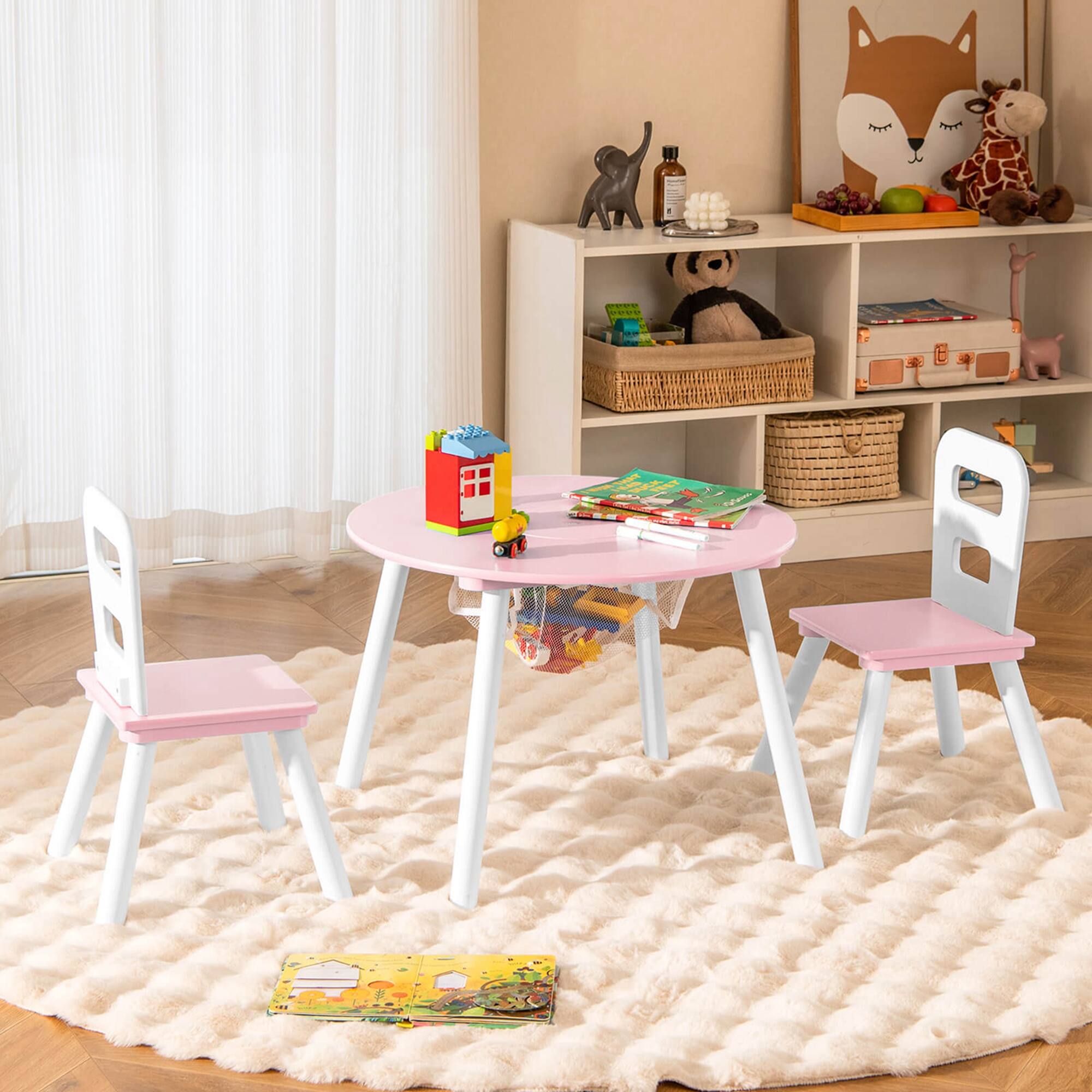 Alt View 1. Costway - Costway Kids Wooden Round Table & 2 Chair Set w/ Center Mesh Storage - Pink.