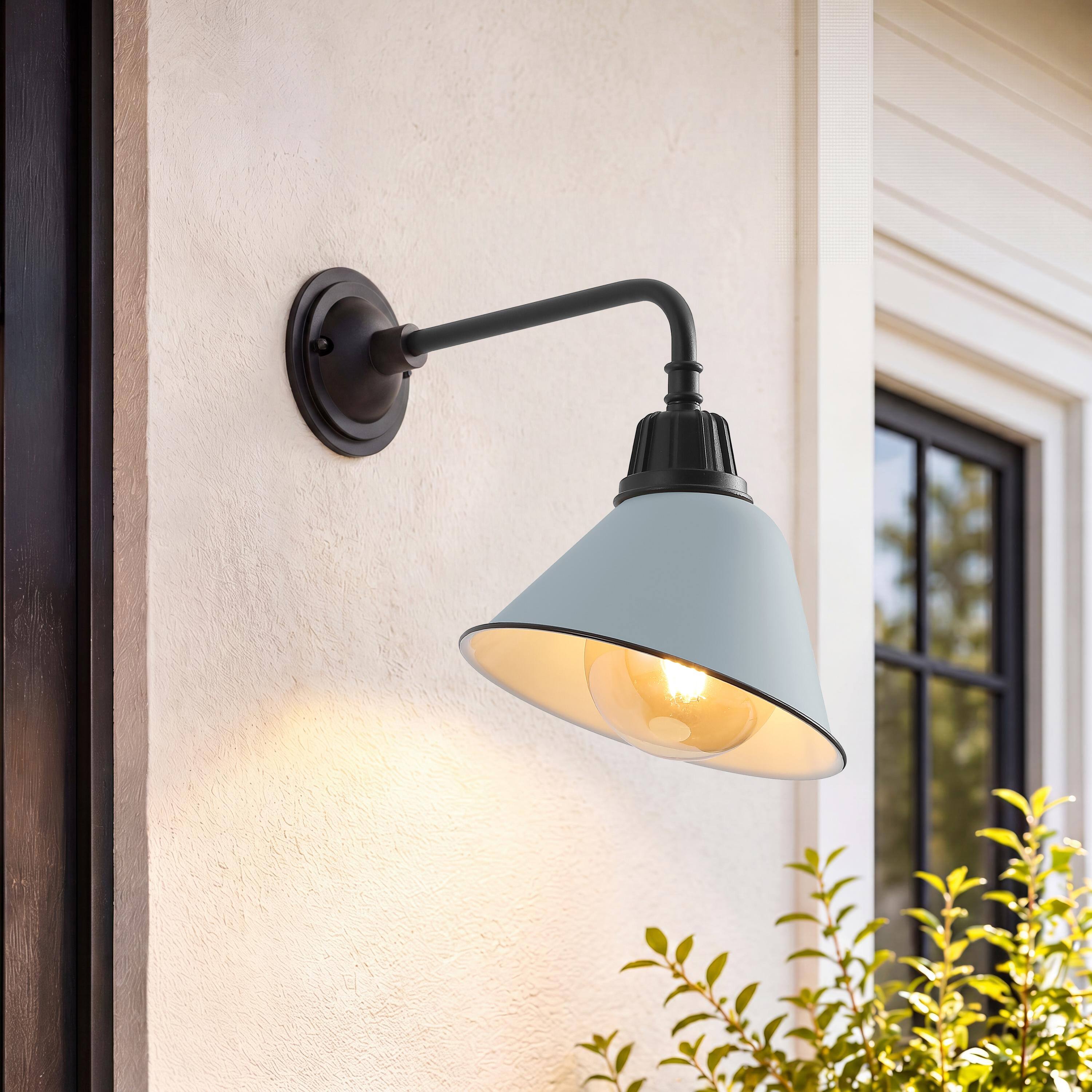 Alt View 1. Jonathan Y - Croydon 9.63" 1-Light Farmhouse Industrial Indoor/Outdoor Iron LED Gooseneck Arm Outdoor Sconce, Matte Silver Blue - Matte Silver Blue/Black.