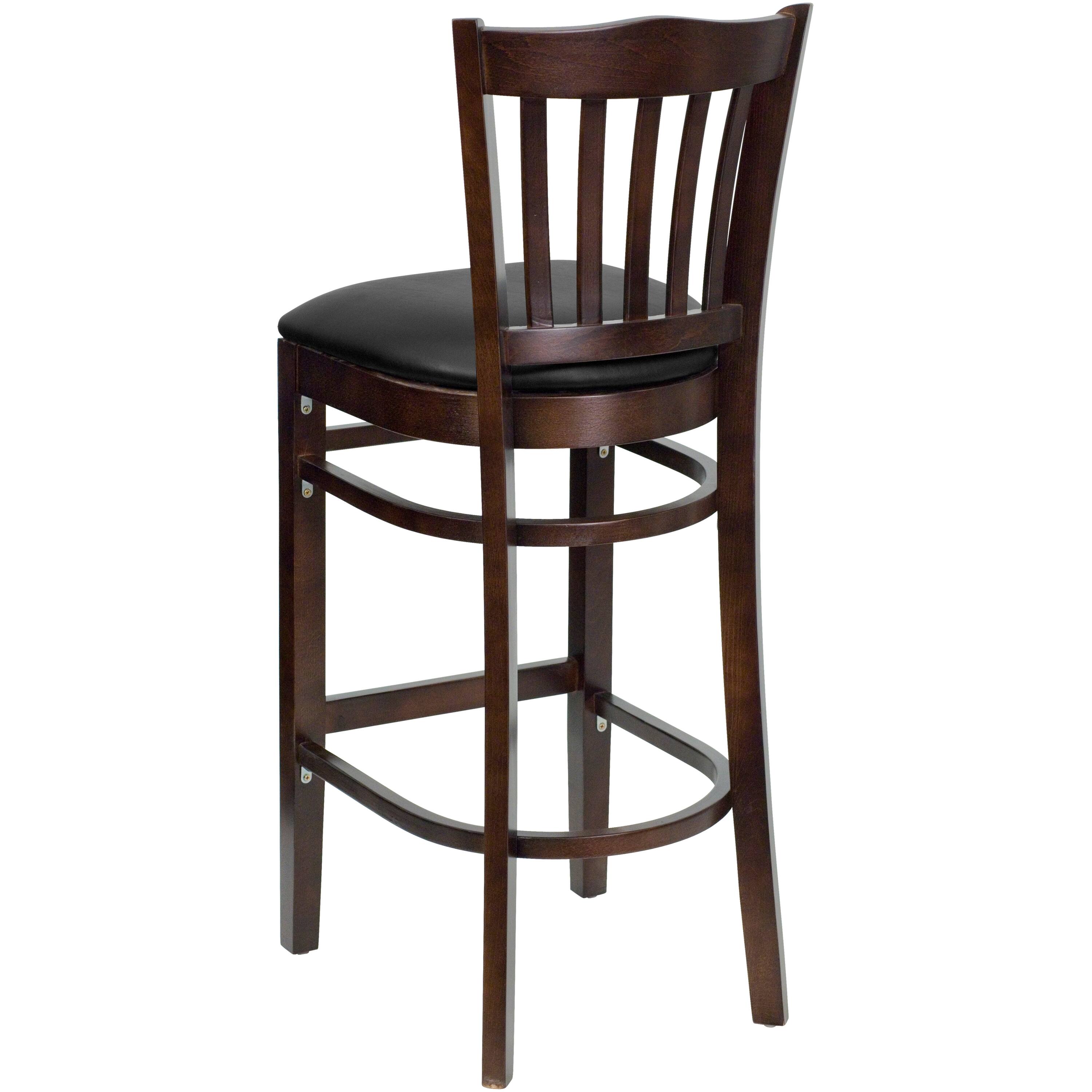 Alt View 5. Emma + Oliver - Vertical Slat Back Wooden Restaurant Dining Barstool - Black Vinyl Seat/Walnut Wood Frame.