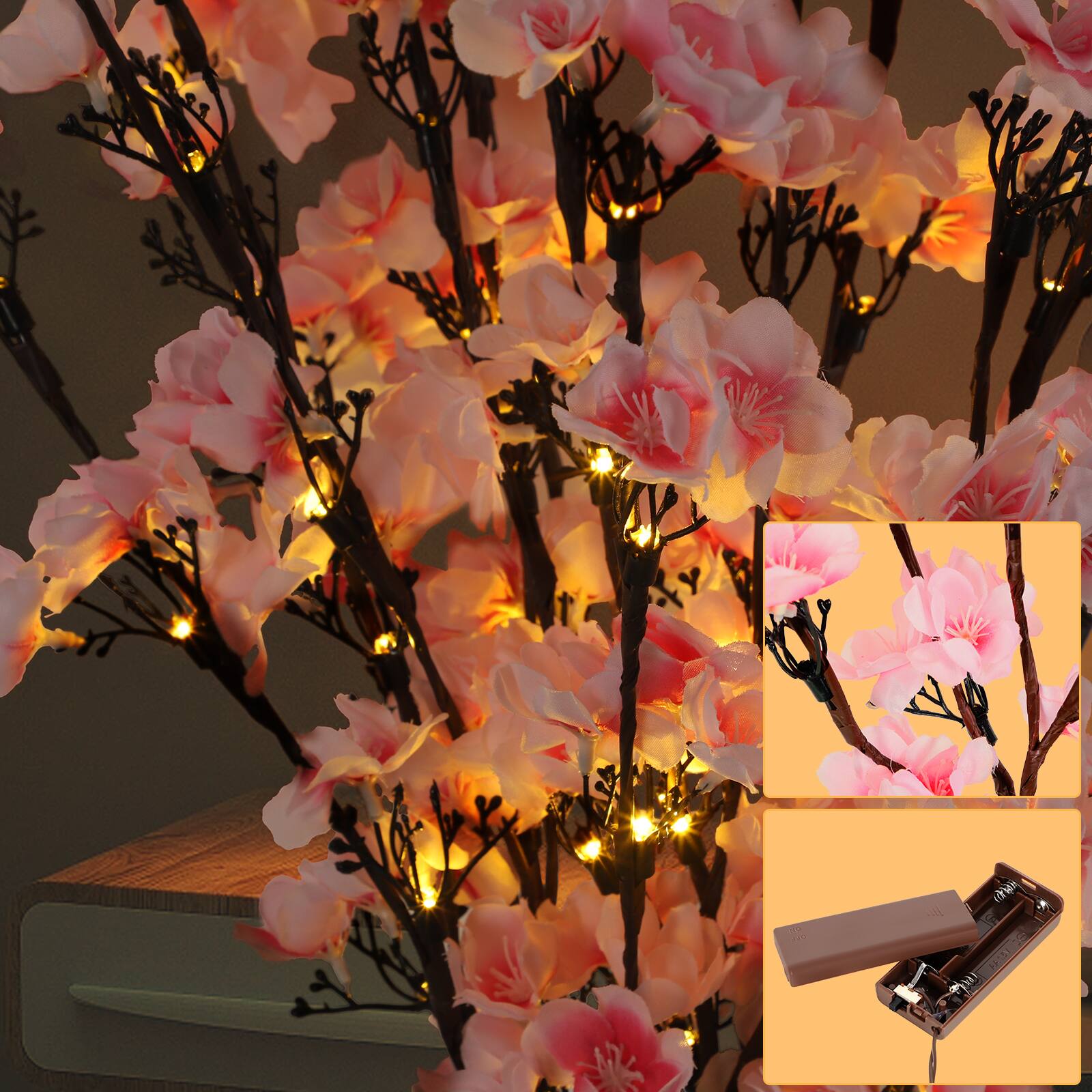 Left. Oumilen - 5 Pack Artificial Pink Plum Blossom Branch Lights, Battery Operated - Pink.