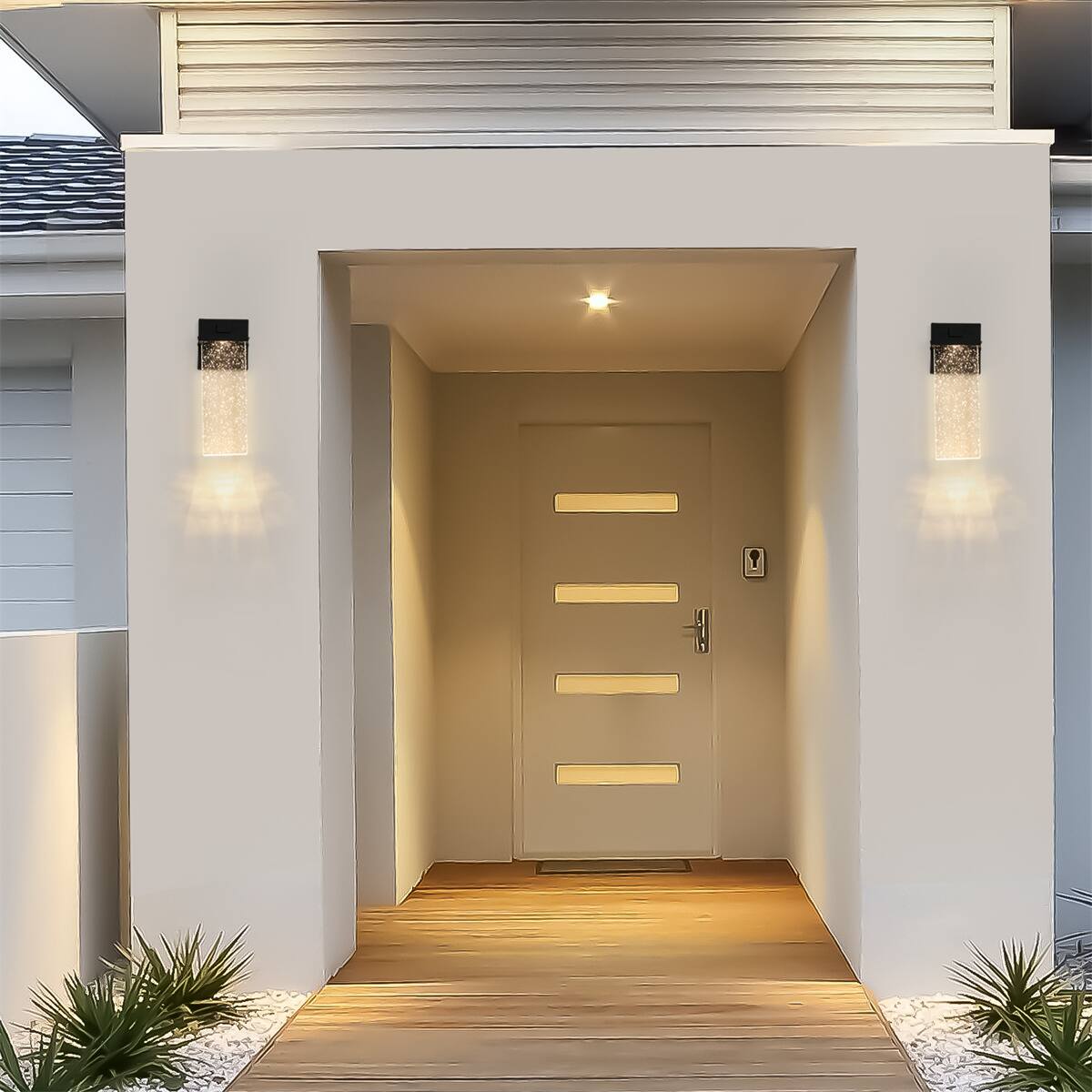 Angle. HTUTWOO - Outdoor Waterproof LED Crystal Wall Lamp - 12W Multi Bulb Compatible, Modern Acrylic Sconce Light Fixture, 2 Pack - Black.