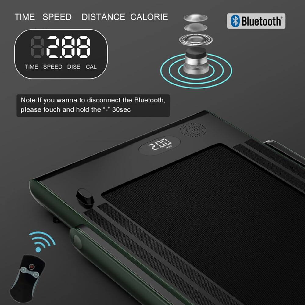 TIME SPEED DISTANCE CALORIE  
2.88  
TIME SPEED DISE CAL  

Bluetooth  

Note: If you wanna to disconnect the Bluetooth, please touch and hold the "-" 30sec