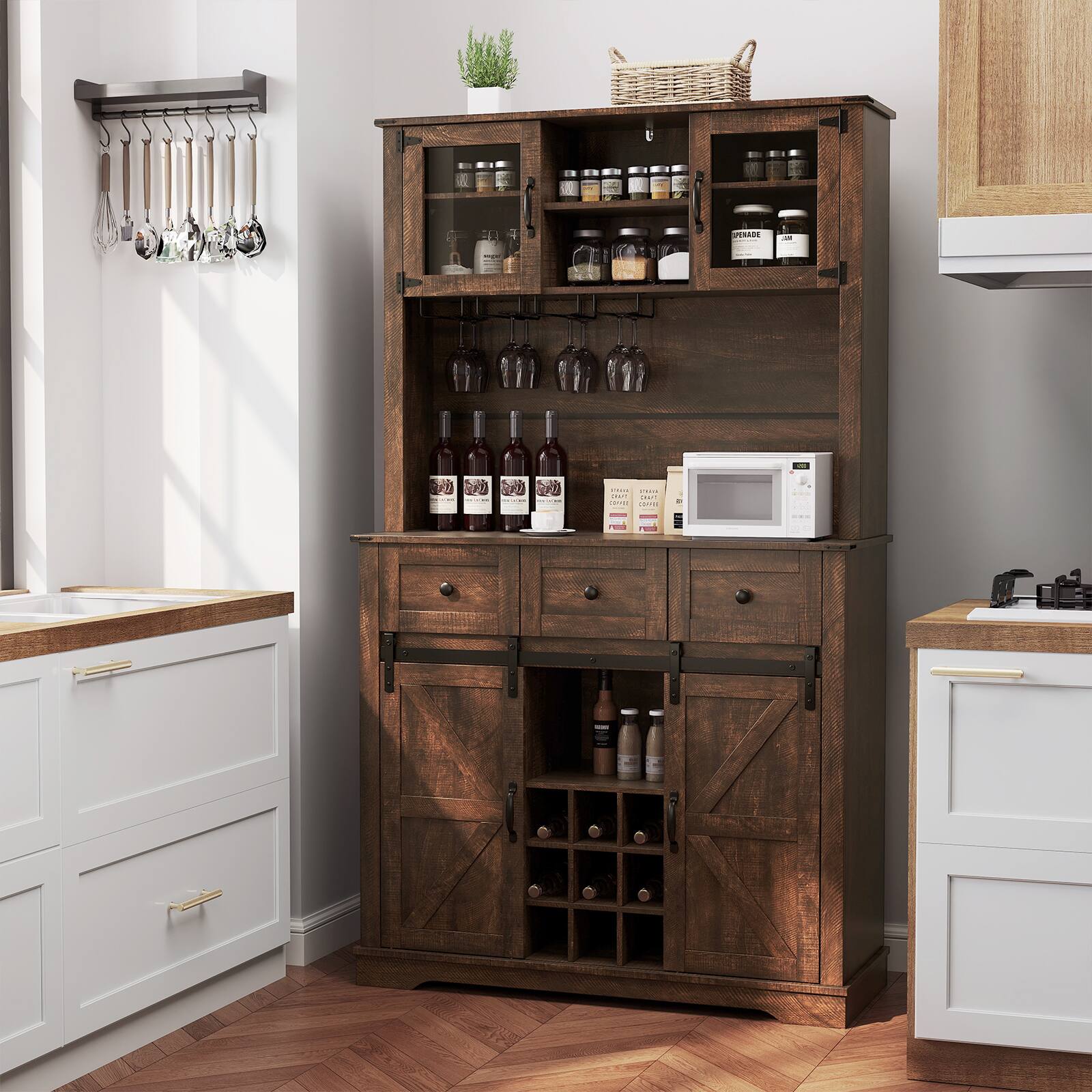 Alt View 1. Gymax - Gymax 72'' Coffee Bar Cabinet with Wine Bottle Rack Microwave Countertop 3 Drawers - Brown.