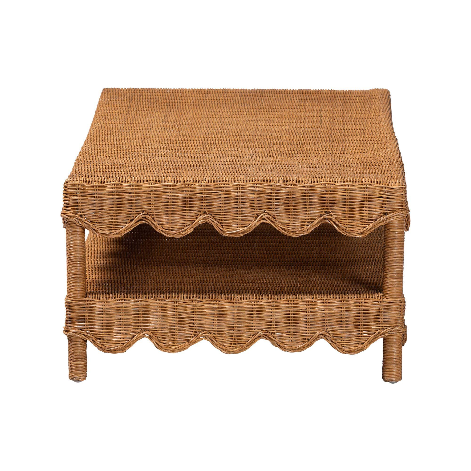 Left. bali & pari - Oteria Natural Rattan Coffee Table - Handwoven Wicker Cocktail Table with Scalloped Detailing and Open Shelf - Light Honey.