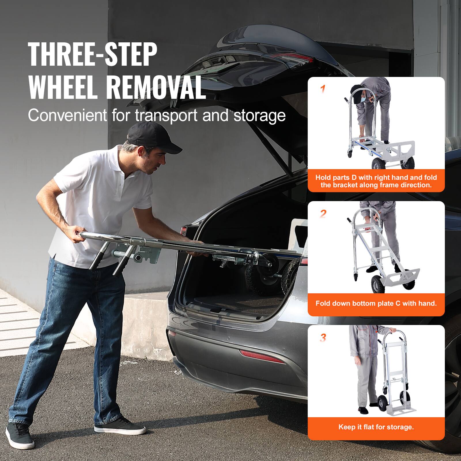 THREE-STEP WHEEL REMOVAL  
Convenient for transport and storage  

1. Hold parts D with right hand and fold the bracket along frame direction.  
2. Fold down bottom plate C with hand.  
3. Keep it flat for storage.