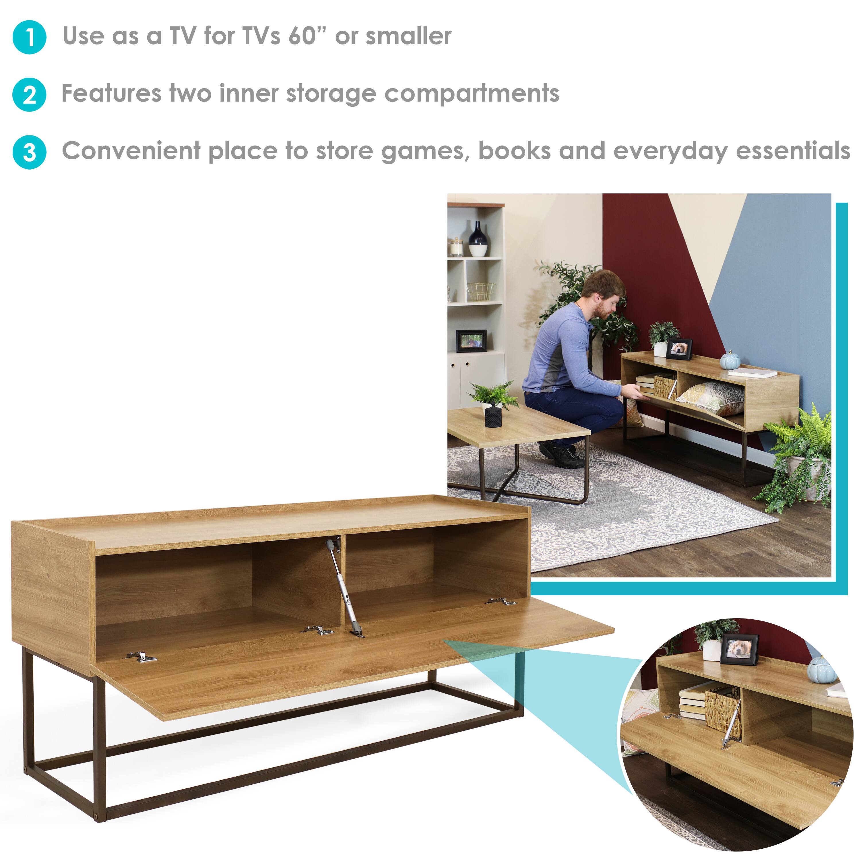 1. Use as a TV for TVs 60" or smaller
2. Features two inner storage compartments
3. Convenient place to store games, books, and everyday essentials