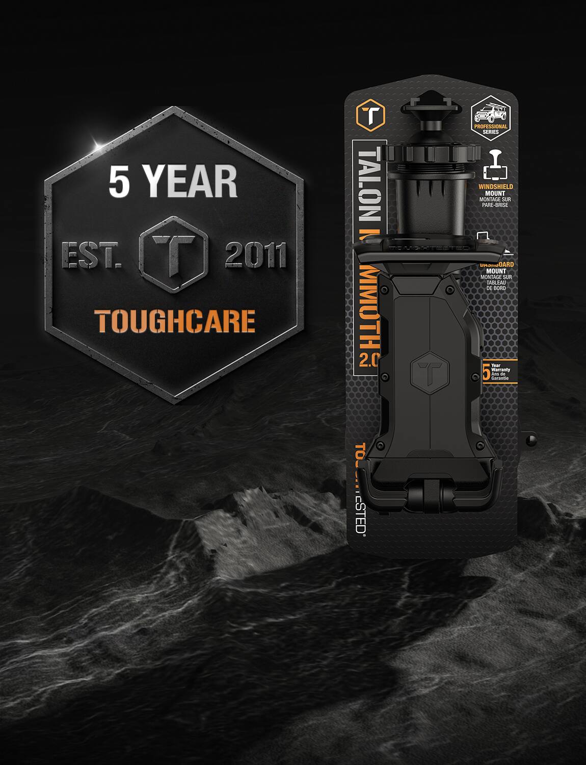 5 YEAR EST. 2011 TOUGHCARE TALON 2.0 TOUGHTESTED PROFESSIONAL SERIES WINDSHIELD MOUNT MONTAGE SUR PARE-BRISE UHOMOARD MONTAGE SUR L'ARCADE DE BORD 5 YEAR WARRANTY