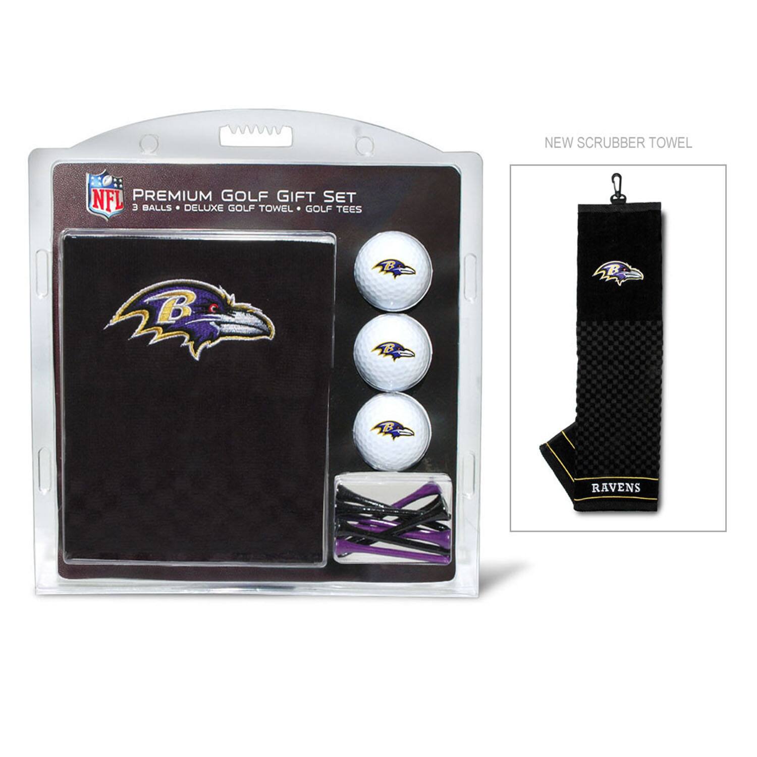 NEW SCRUBBER TOWEL  
NFL PREMIUM GOLF GIFT SET  
3 BALLS • DELUXE GOLF TOWEL • GOLF TEES  
RAVENS