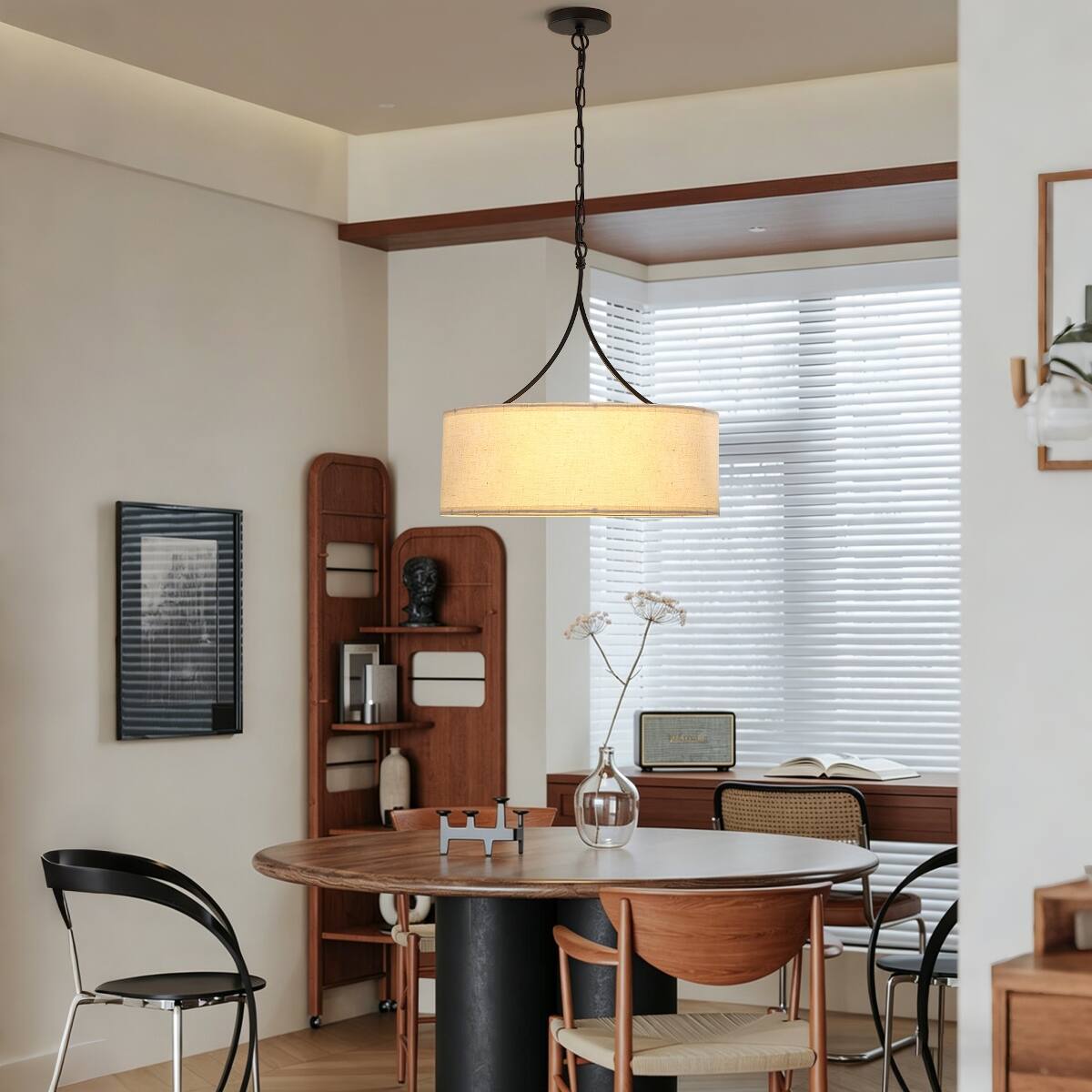 Alt View 2. Loheer - Loheer Three Light Fabric Drum Pendant Light Matte Black Adjustable Dining Room Chandelier.