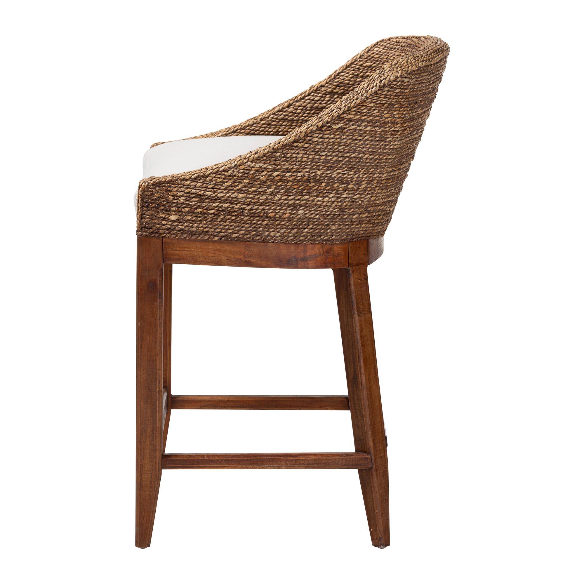 Left. bali & pari - Jasper Seagrass Counter Stool with Mahogany Wood Frame - Seating with Woven Wingback and Cushioned Seat - Brown Wash.