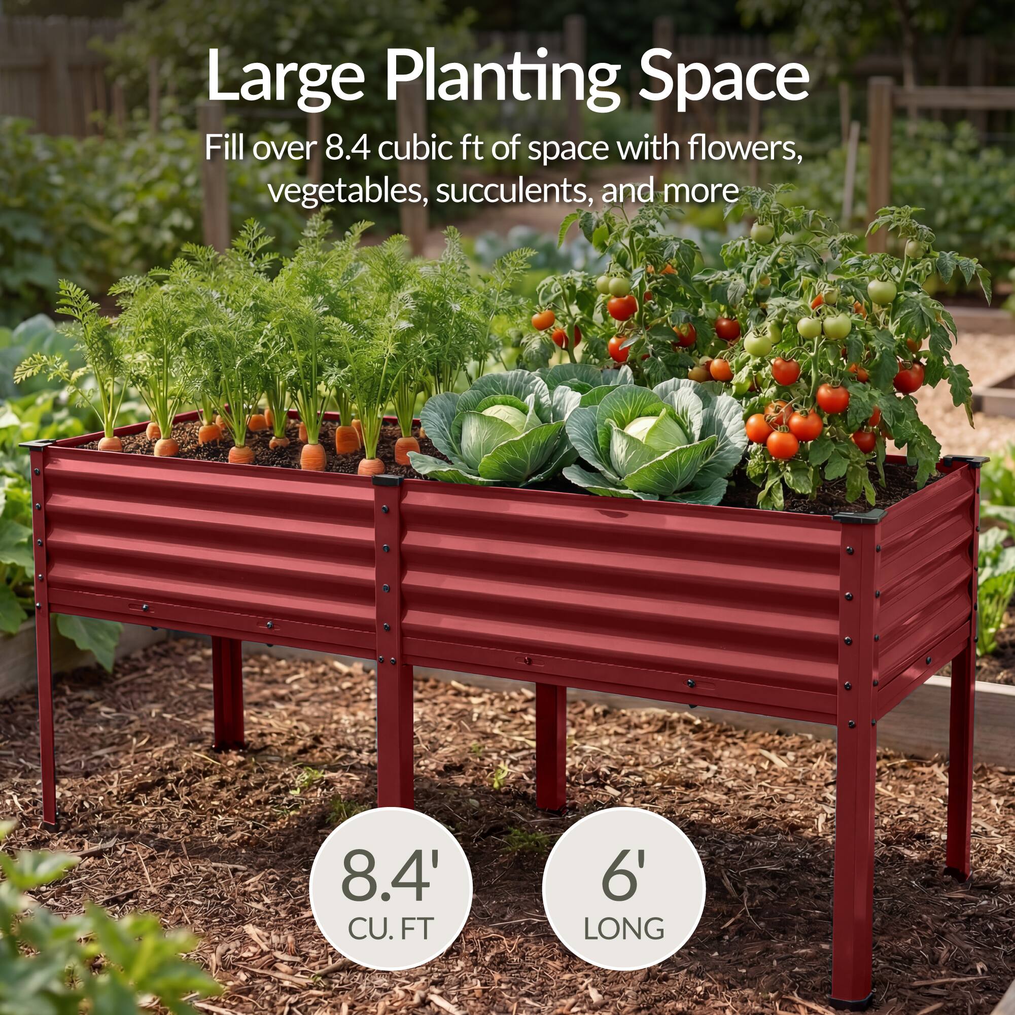 Large Planting Space  
Fill over 8.4 cubic ft of space with flowers, vegetables, succulents, and more  

8.4' CU. FT  
6' LONG