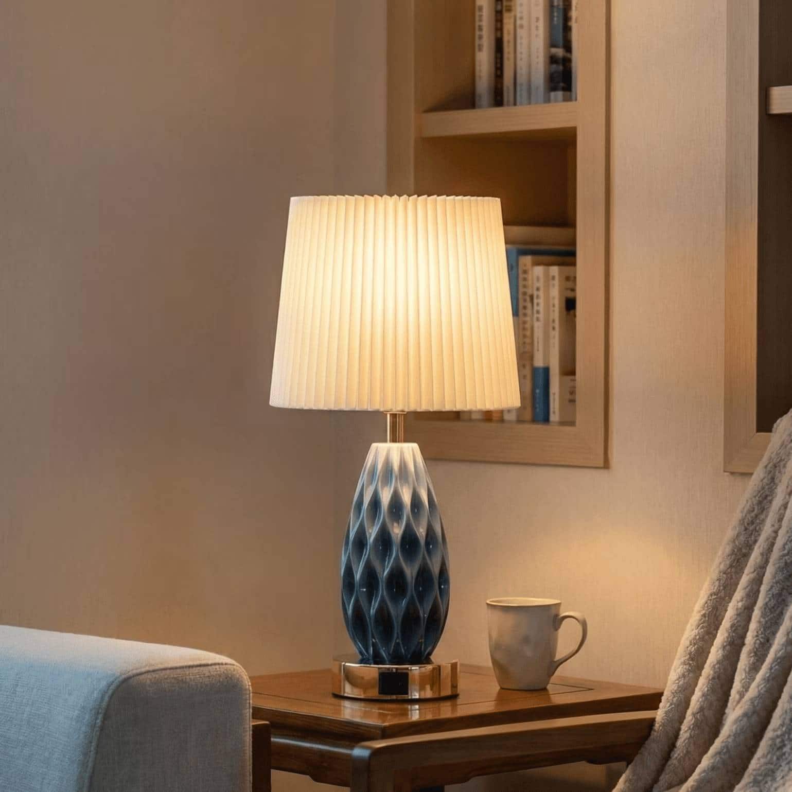 GVDV - Home 18in Table Lamp with USB A&C Ports, Touch Control 3 Way Dimmable, Wave Texture Resin Bedside Lamp,for Bedroom Blue