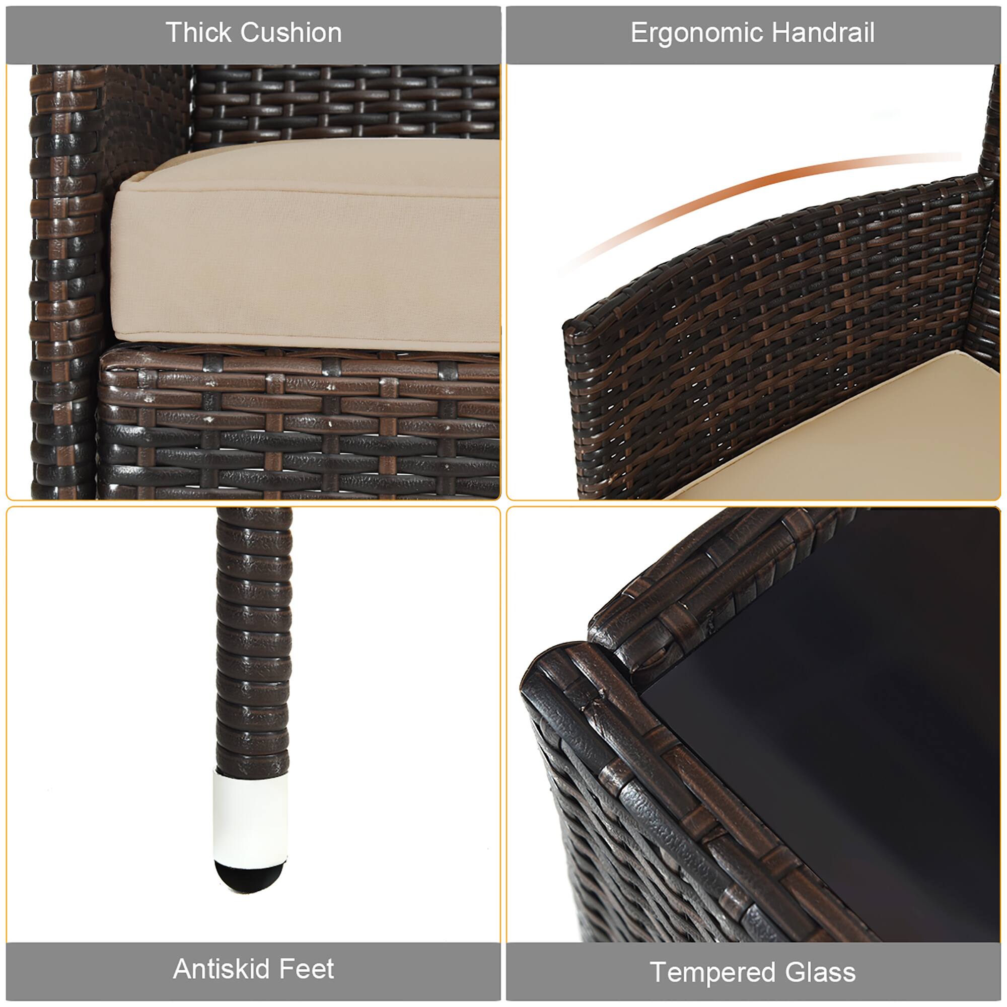 - Thick Cushion
- Ergonomic Handrail
- Antiskid Feet
- Tempered Glass