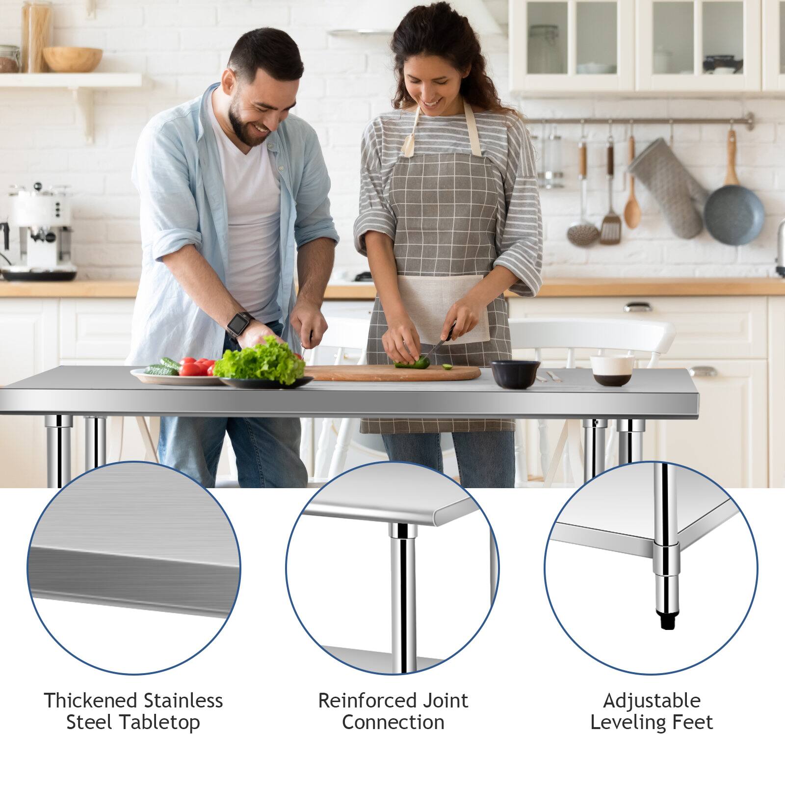 Thickened Stainless Steel Tabletop  
Reinforced Joint Connection  
Adjustable Leveling Feet
