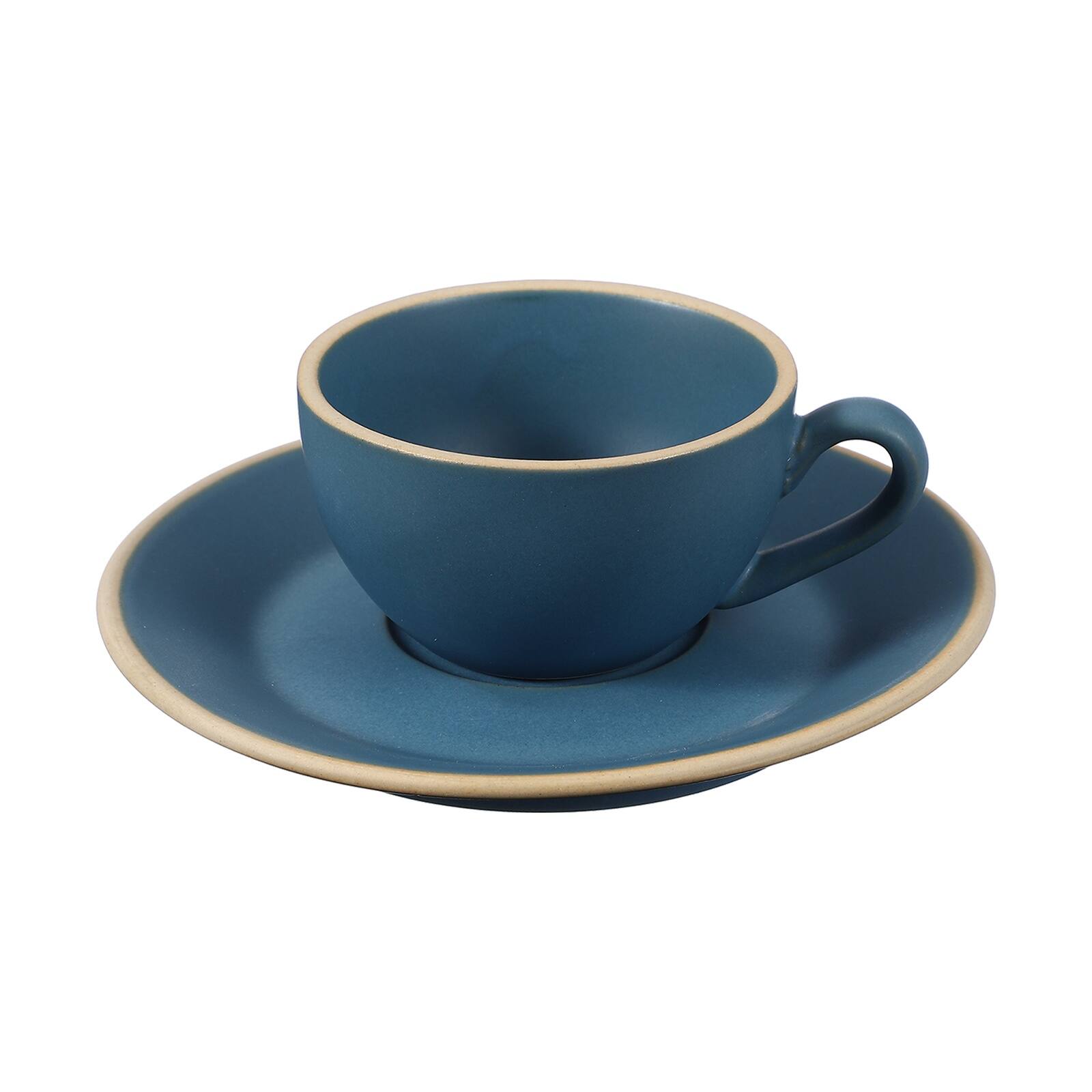 Front. Unique Bargains - Handmade Vintage Espresso Cups, 3oz Coffee Cups & Saucers Ceramic Tea Cup w/Handle, Microwave Safe for Home Office Gifts - Morandi Blue.