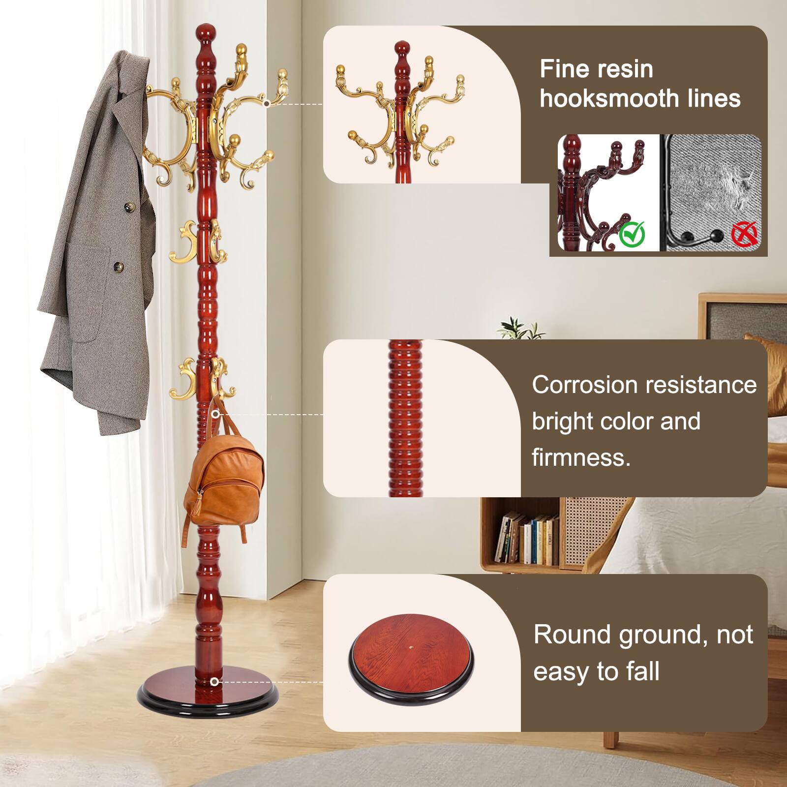 Alt View 3. Chateau Abodes - Solid Wood Coat Rack, Free Standing Hall Coat Tree with 14Hooks, 3 Height Options, 300lbs Load, Stury Base - Begonia.