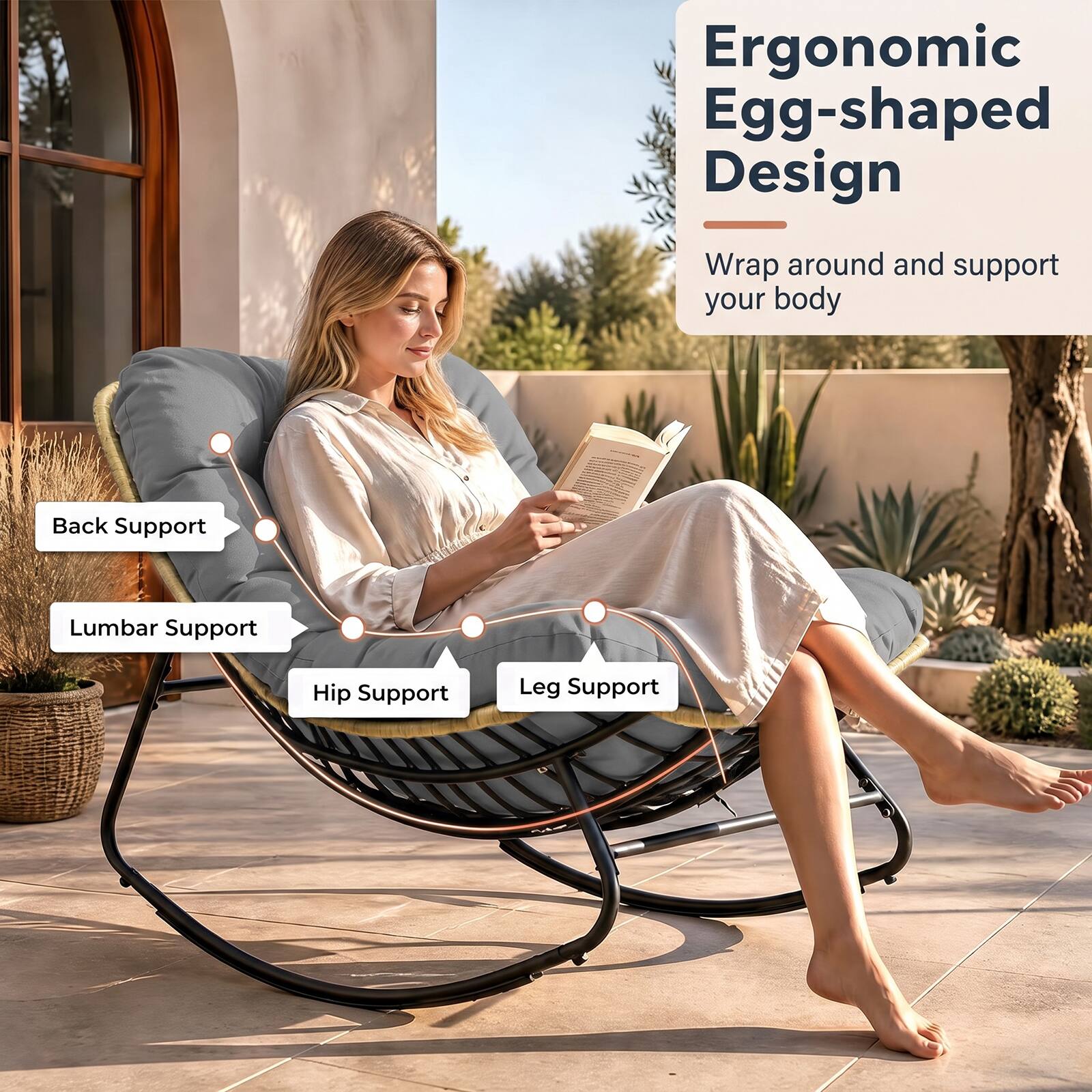 Ergonomic Egg-shaped Design  
Wrap around and support your body  
Back Support  
Lumbar Support  
Hip Support  
Leg Support
