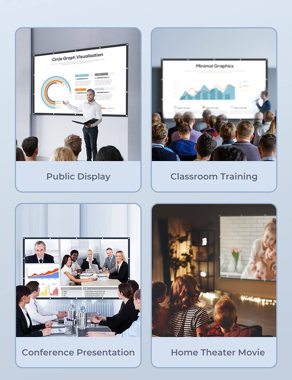 Group:

1. Graph Visualization
2. Circle Minimal Graphics
3. Public Display
4. Classroom Training
5. Conference Presentation
6. Home Theater Movie

Corrected text:

1. Graph Visualization
2. Circle Minimal Graphics
3. Public Display
4. Classroom Training
5. Conference Presentation
6. Home Theater Movie