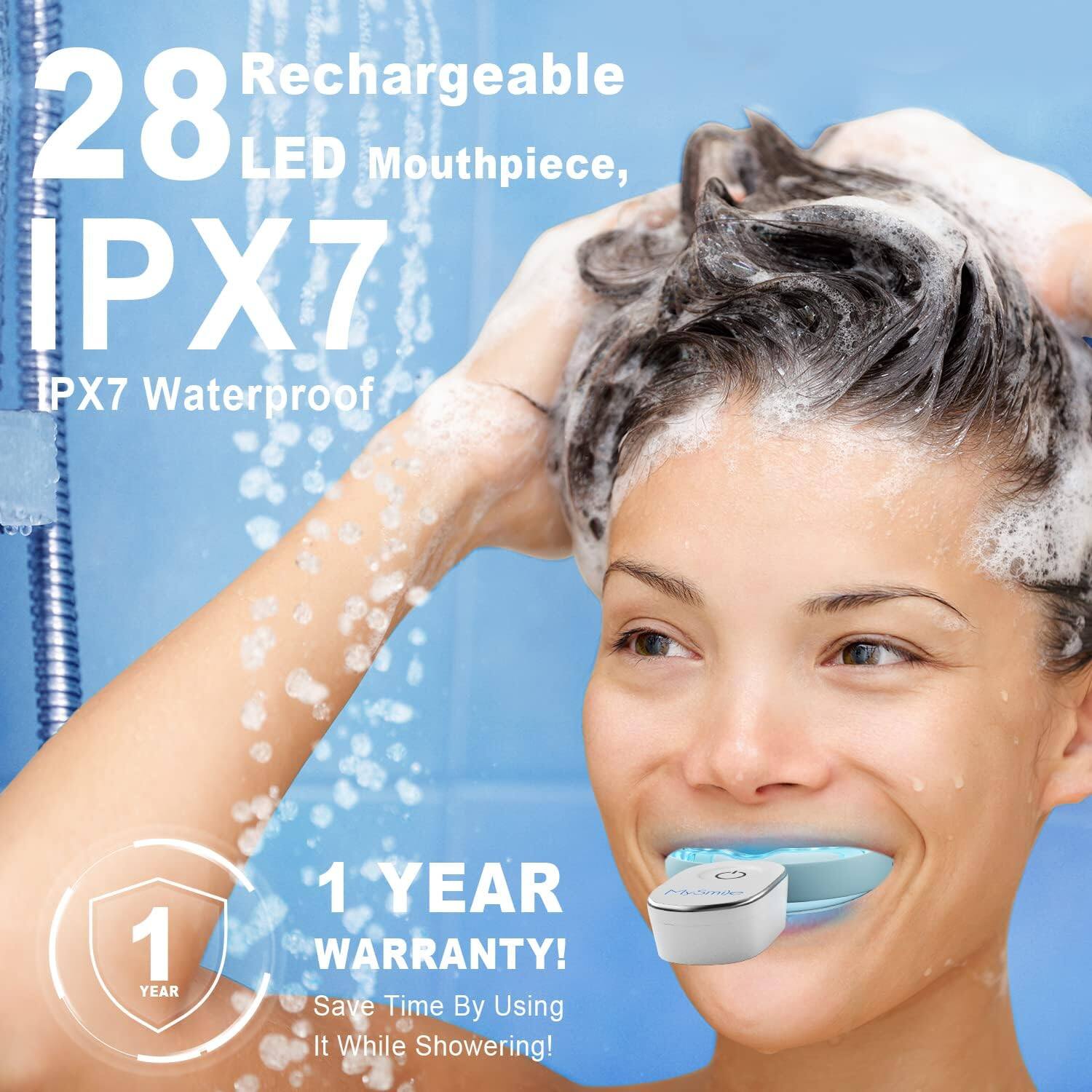 Rechargeable 28 LED Mouthpiece, IPX7 Waterproof 1 YEAR WARRANTY! Save Time By Using It While Showering!