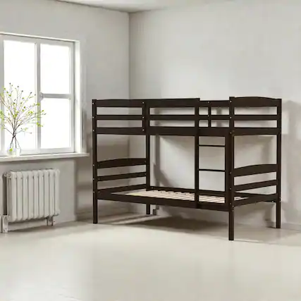 Front. Hivvago - Sturdy Wood Twin Bunk Bed with Raised Safety Rails and Built-In Ladder - Espresso.