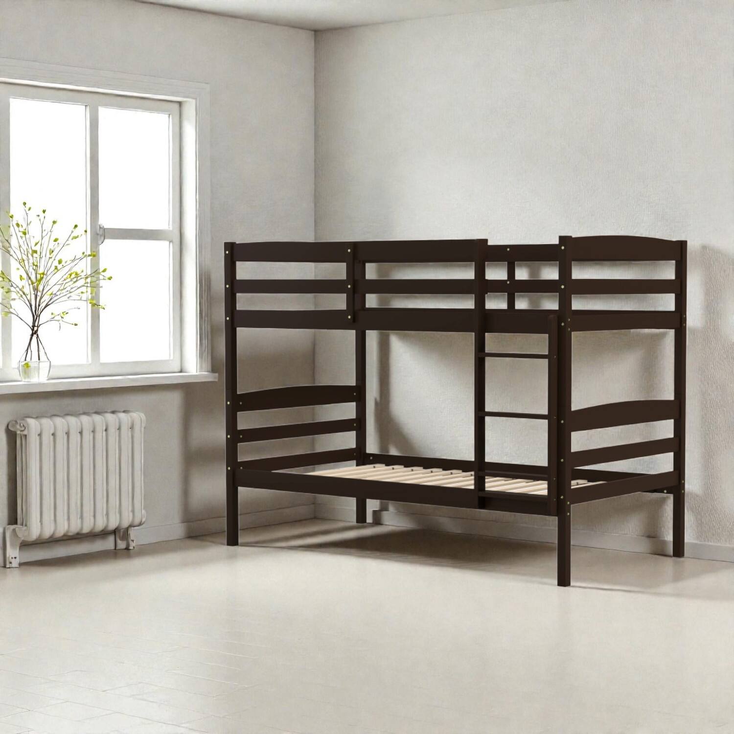 Front. Hivvago - Sturdy Wood Twin Bunk Bed with Raised Safety Rails and Built-In Ladder - Espresso.