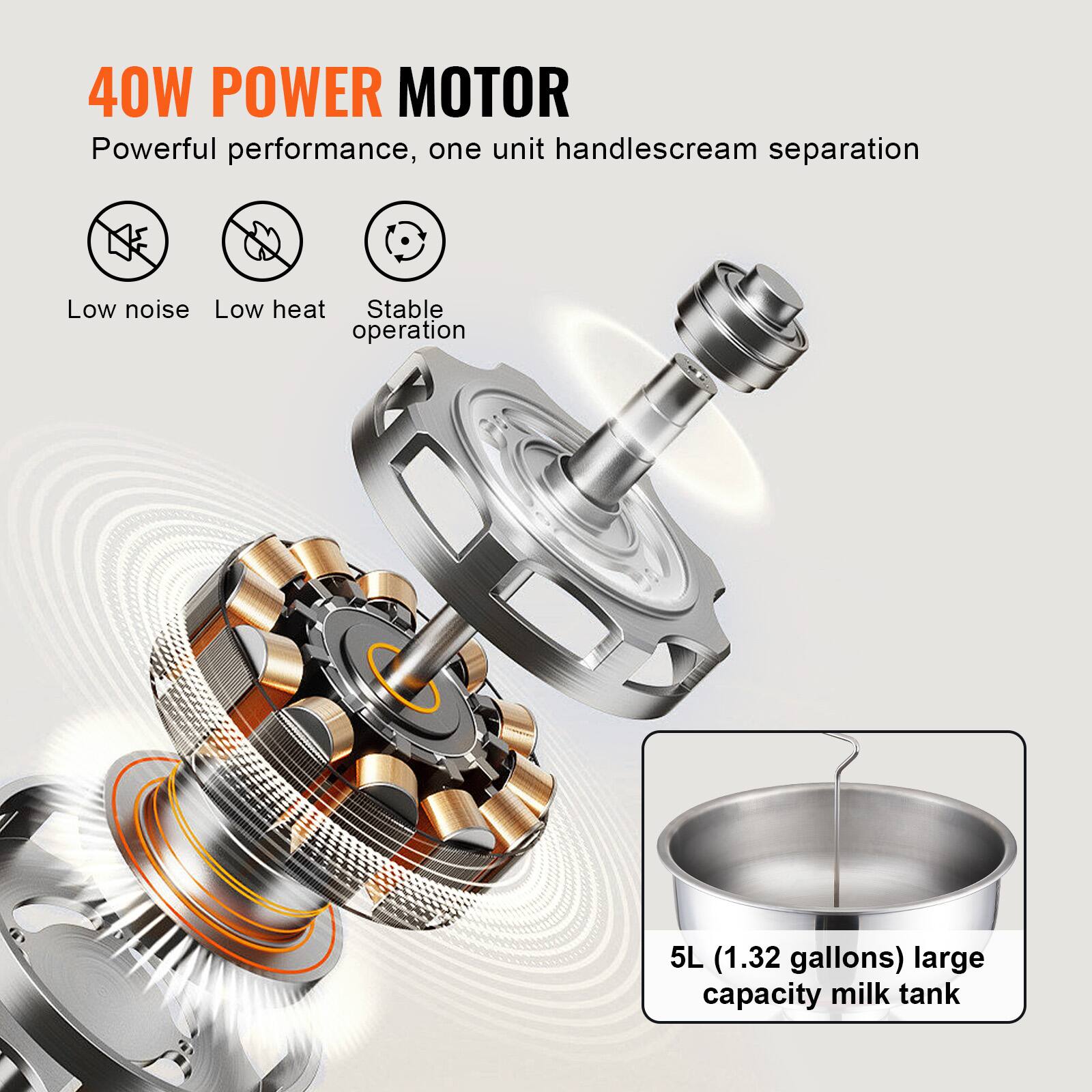 40W POWER MOTOR  
Powerful performance, one unit handlescream separation  

- Low noise  
- Low heat  
- Stable operation  

5L (1.32 gallons) large capacity milk tank