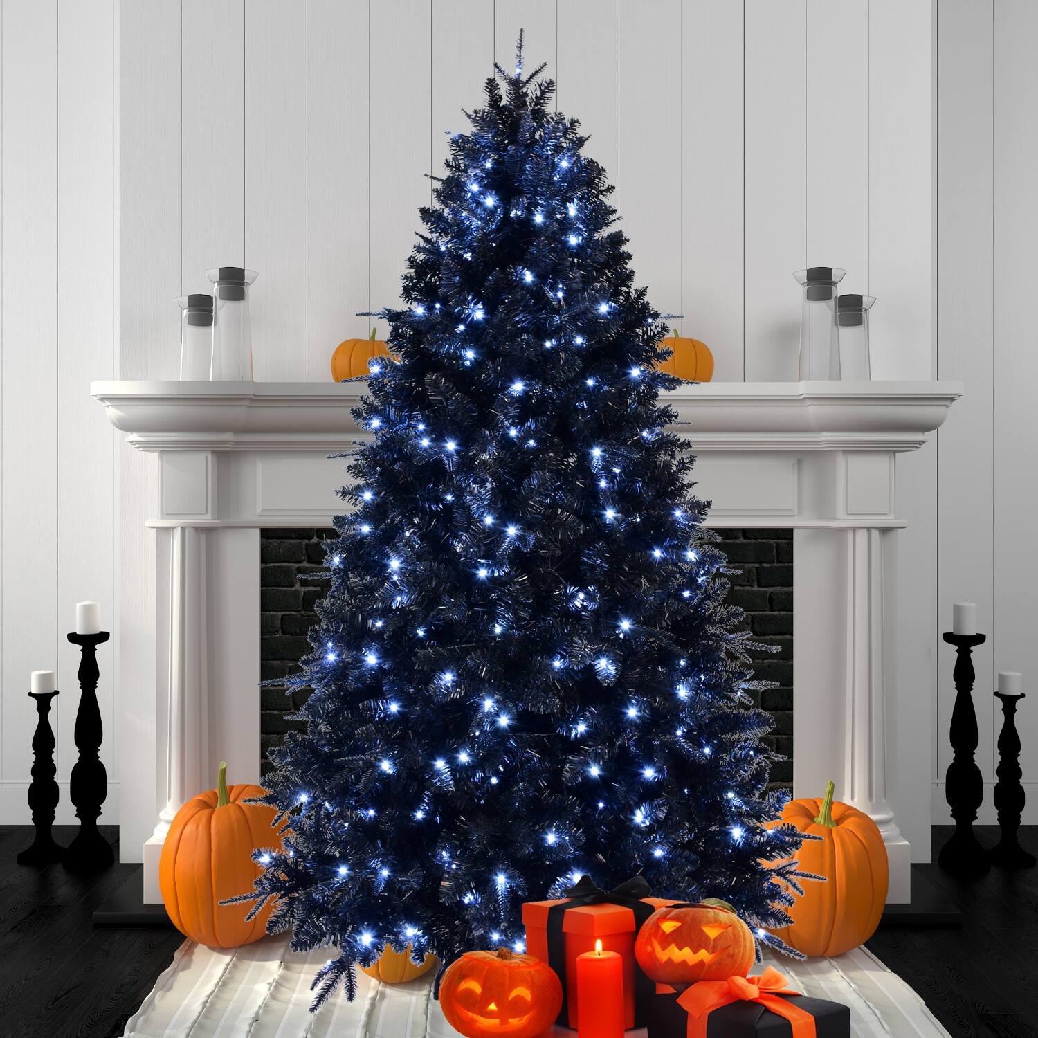 Angle. Tiramisubest - 5ft Black Artificial Christmas Tree,250 White LED Lights,1076 PE/PVC Tips,Stable Metal Stand,for Halloween&Holiday Decor - Black.