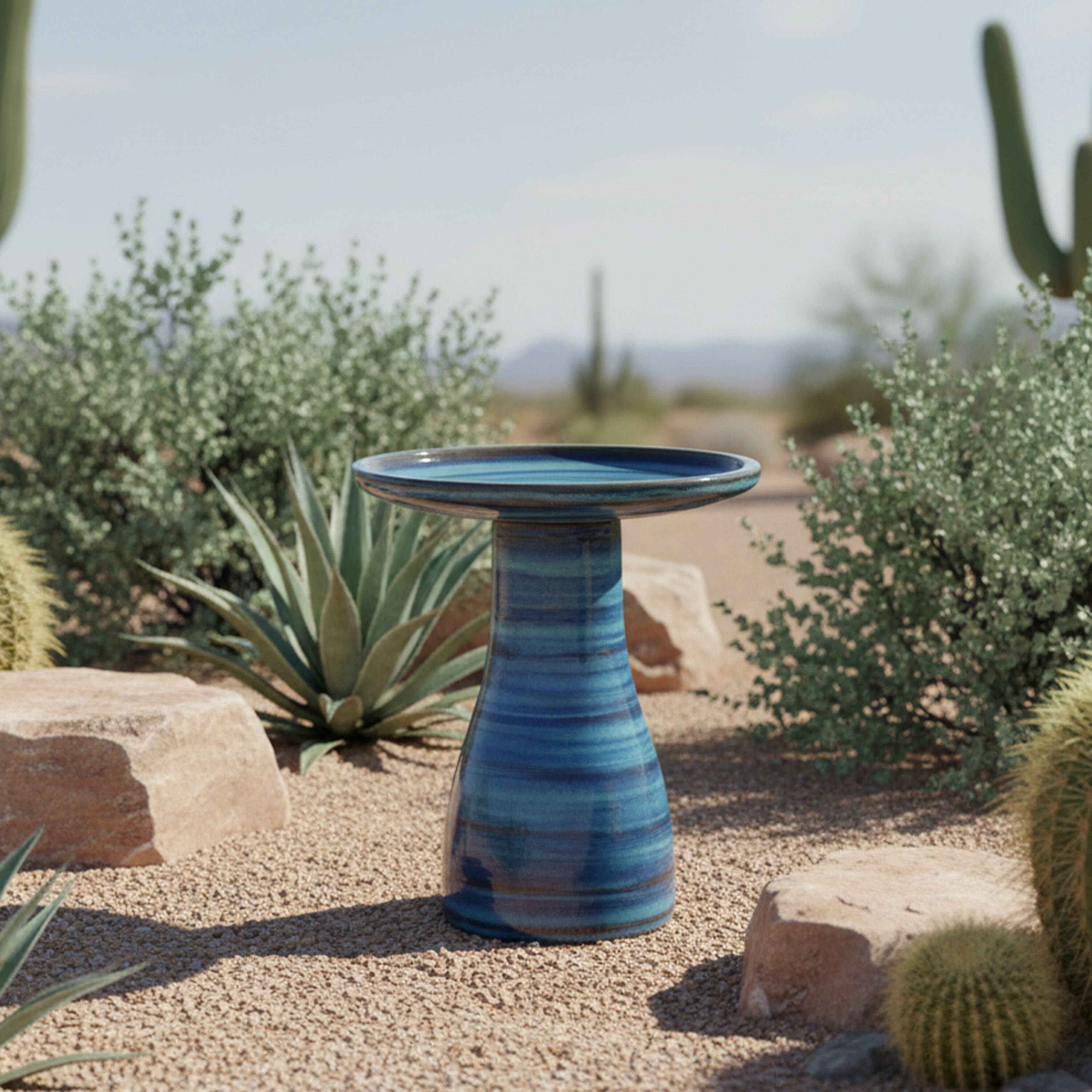 Alt View 7. Sunnydaze - Elegant Glazed Ceramic Bird Bath - 20.5 in - Galaxy Blue.