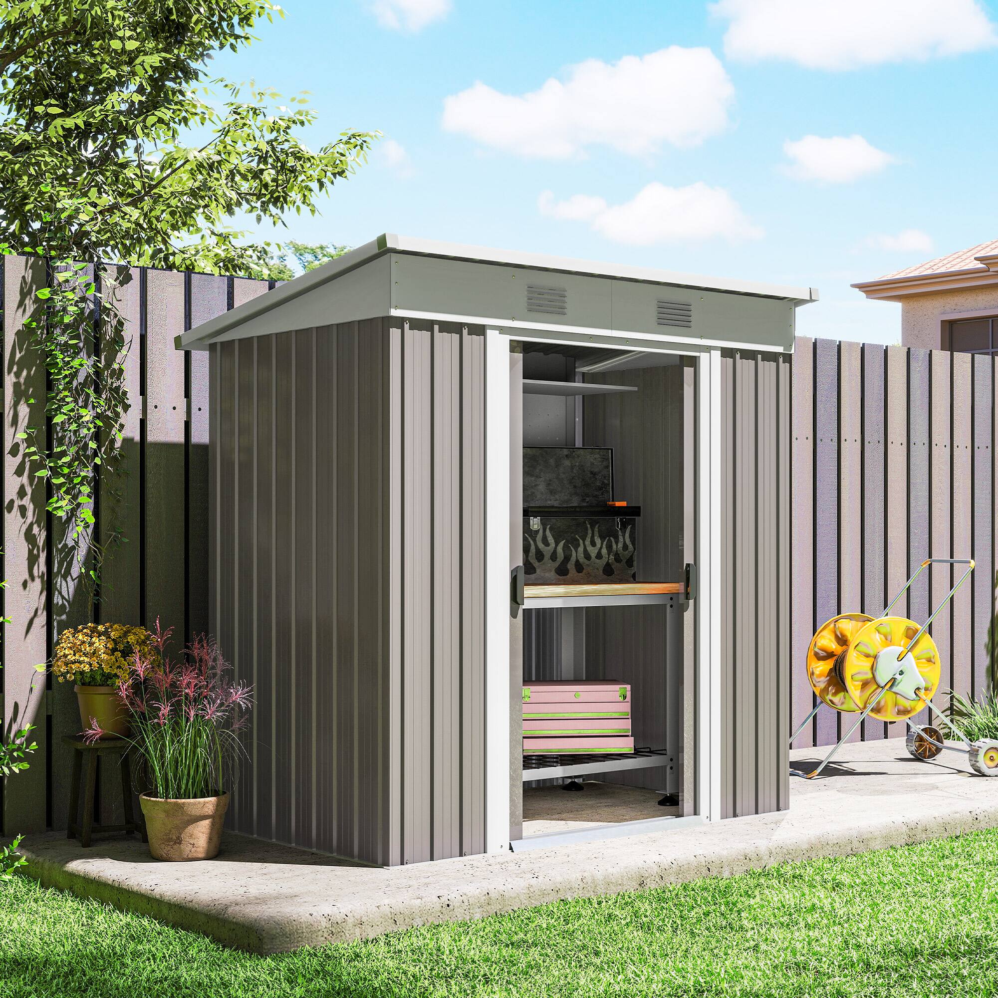 Alt View 7. Outsunny - x 4' Metal Garden Shed, Backyard Tool Storage Shed with Dual Locking Doors.