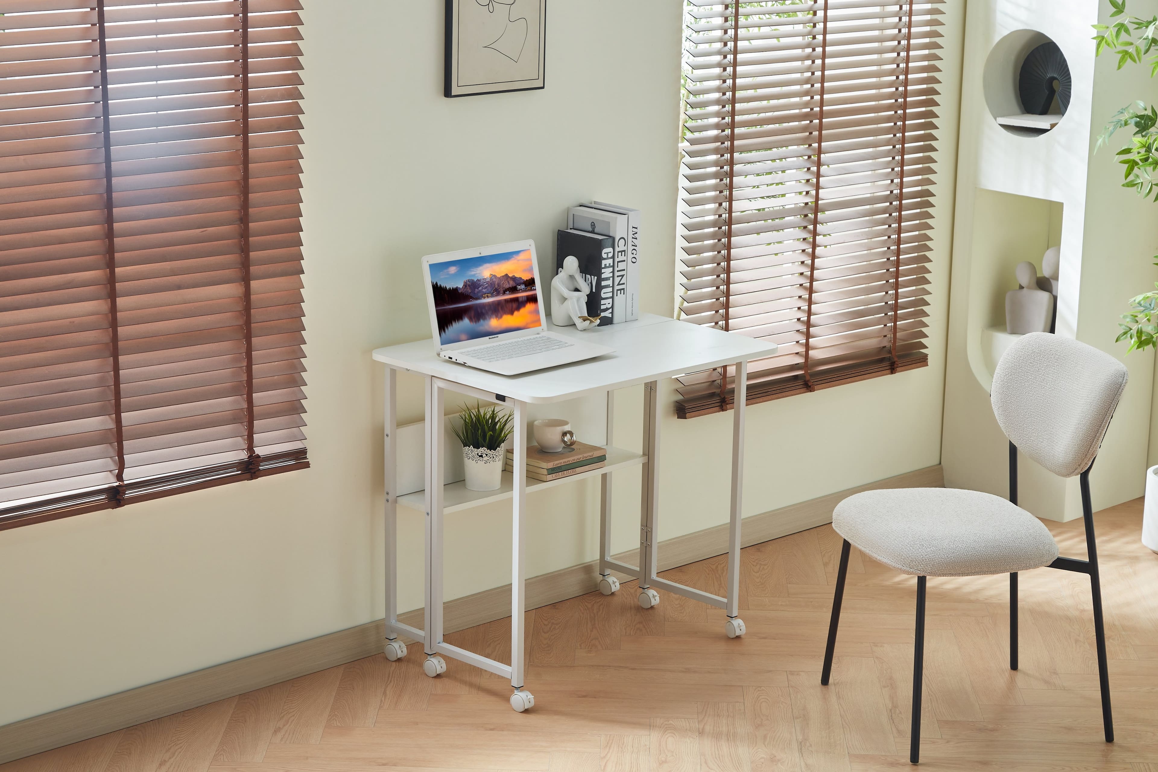 PexFix - 31.5" Small Folding Desk, Space-Saving Computer Table with Wheels for Home Office & Bedroom - White