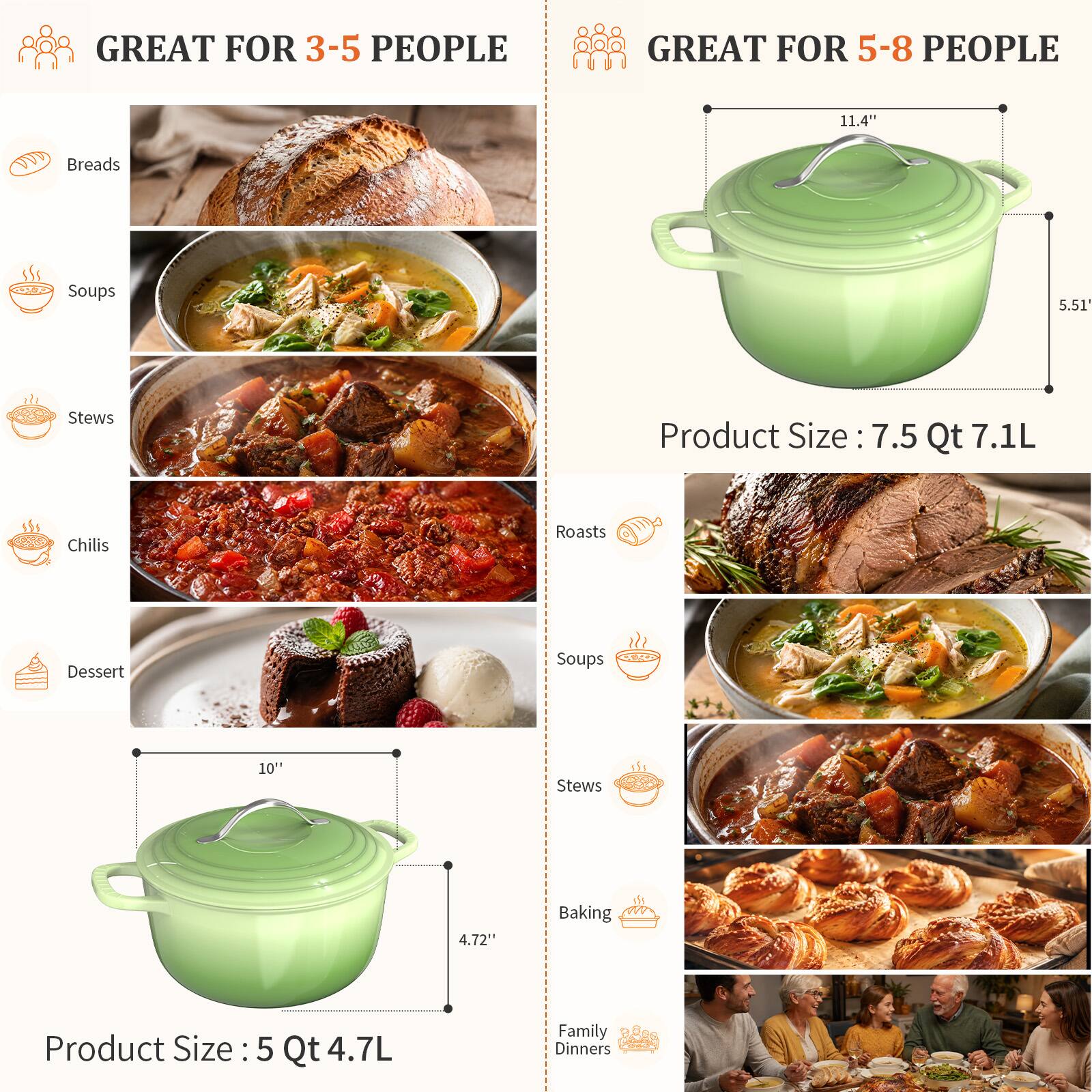 GREAT FOR 3-5 PEOPLE

- Breads
- Soups
- Stews
- Chilis
- Dessert

Product Size: 5 Qt 4.7L

GREAT FOR 5-8 PEOPLE

- Roasts
- Soups
- Stews
- Baking
- Family Dinners

Product Size: 7.5 Qt 7.1L