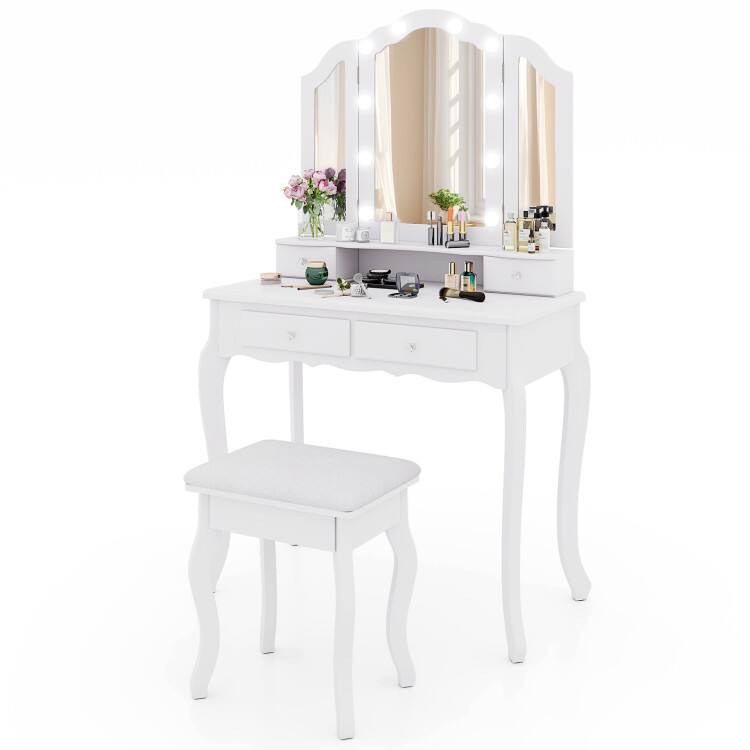 SlickBlue - Makeup Vanity Desk with Lighted Mirror and Organized Storage Drawers - White