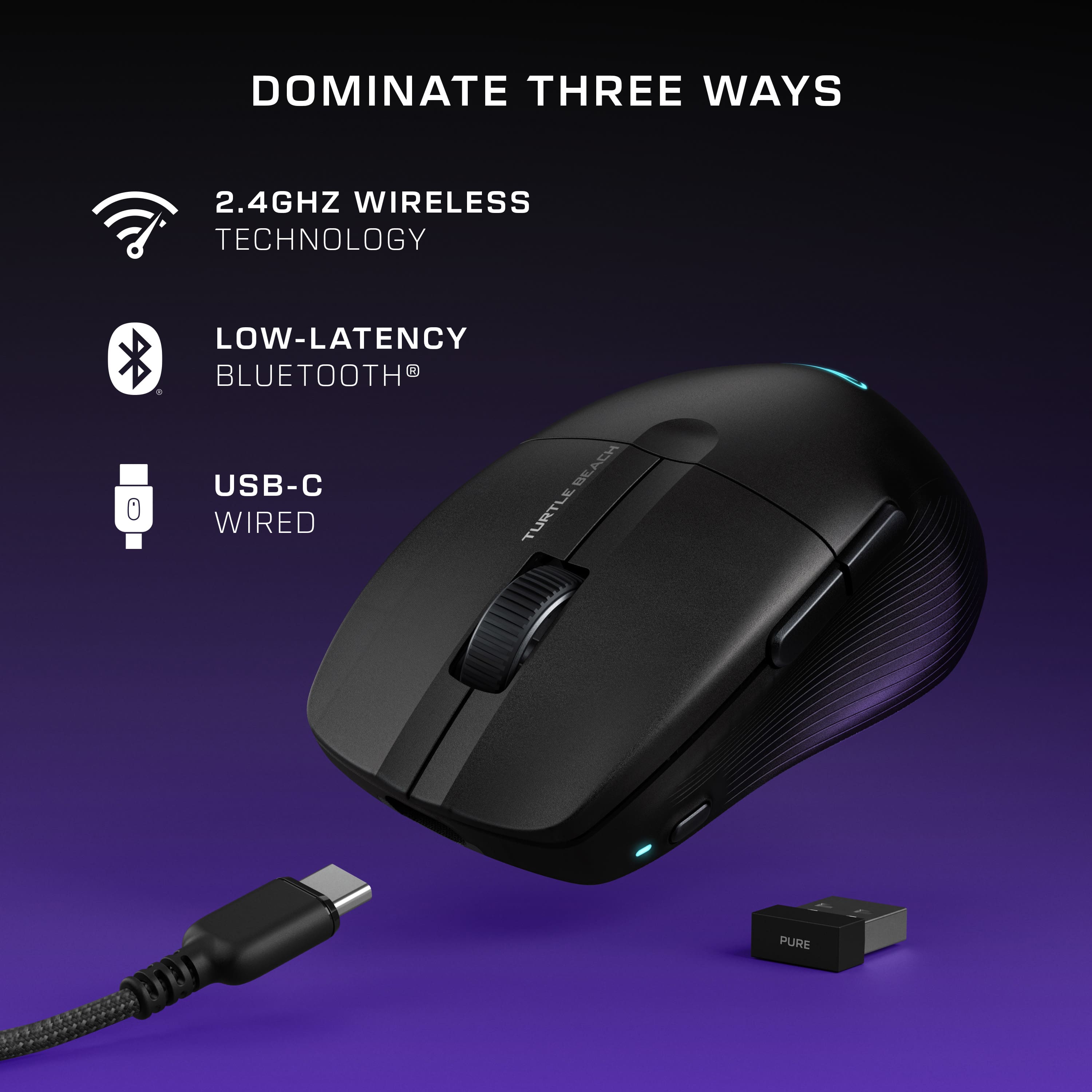 The text on the image reads: "Dominate Three Ways: 2.4GHz Wireless Technology, Low-Latency Bluetooth, USB-C Wired."