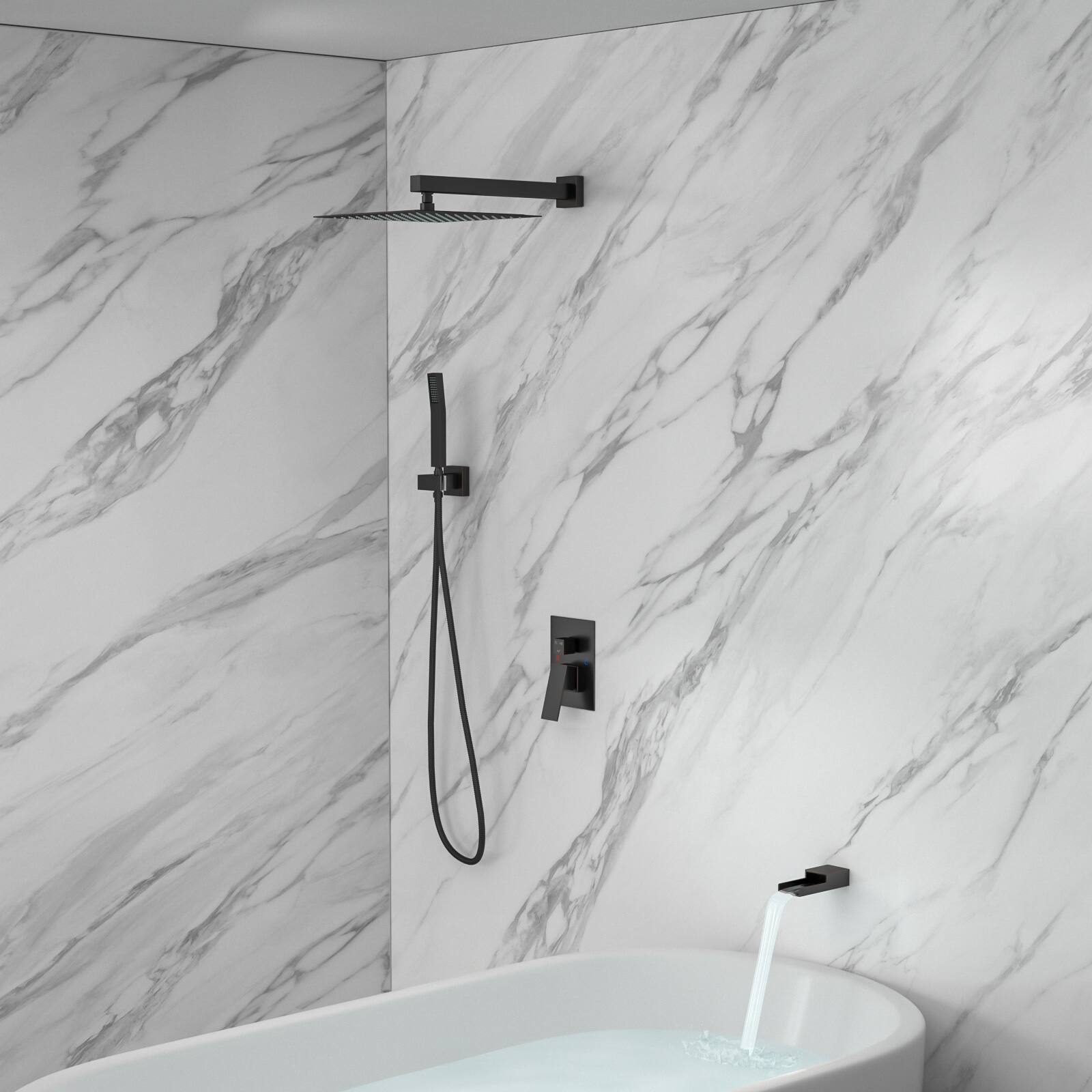 Left. Lordear - Shower System with Waterfall Tub Spout,12 Inch Wall Mounted Square Shower System with Rough-in Valve,Oil Rubber Bronze - Oil Rubber Bronze.