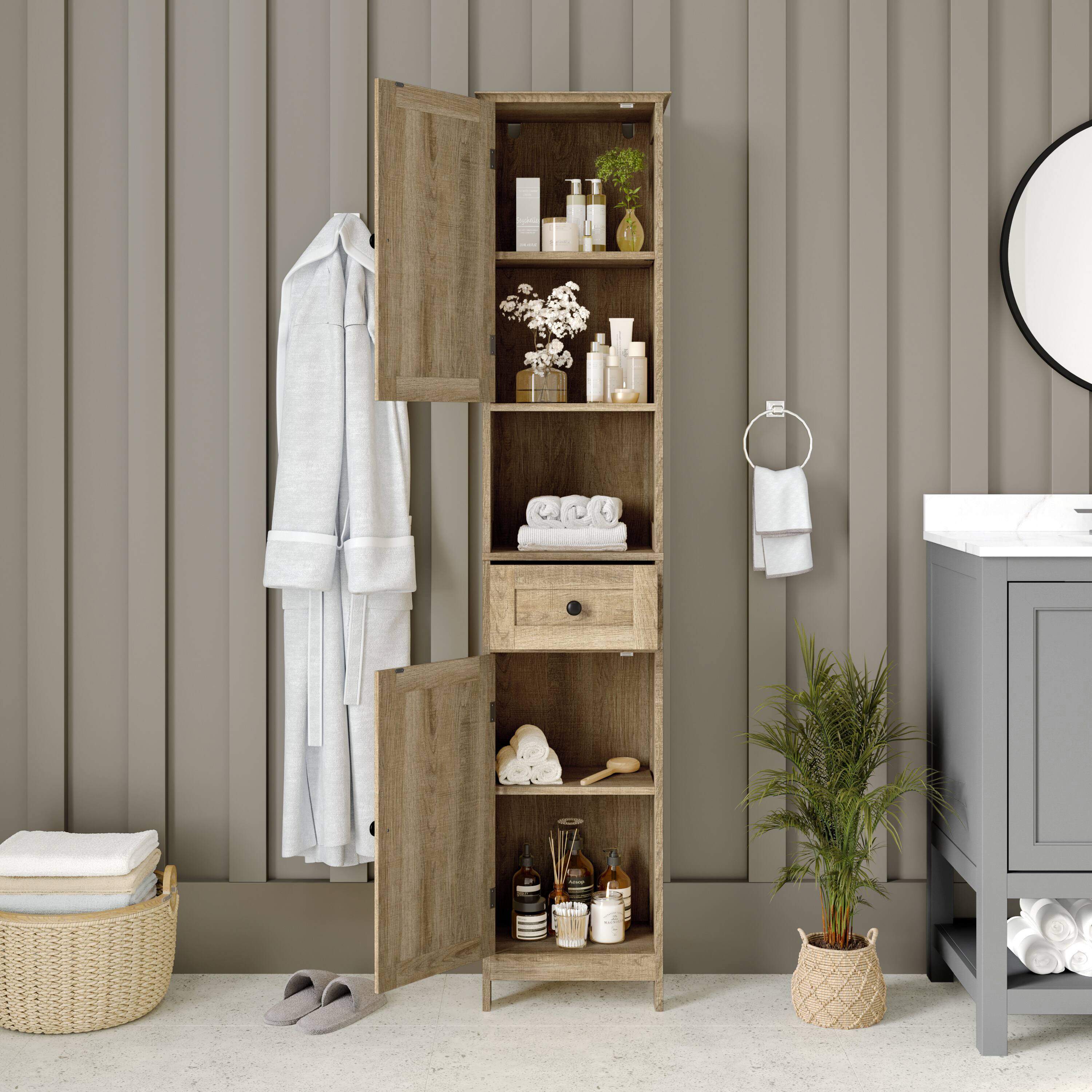 Alt View 3. Emma + Oliver - Farmhouse Freestanding Linen Tower with Shelves, Drawer, and Doors - Brown.