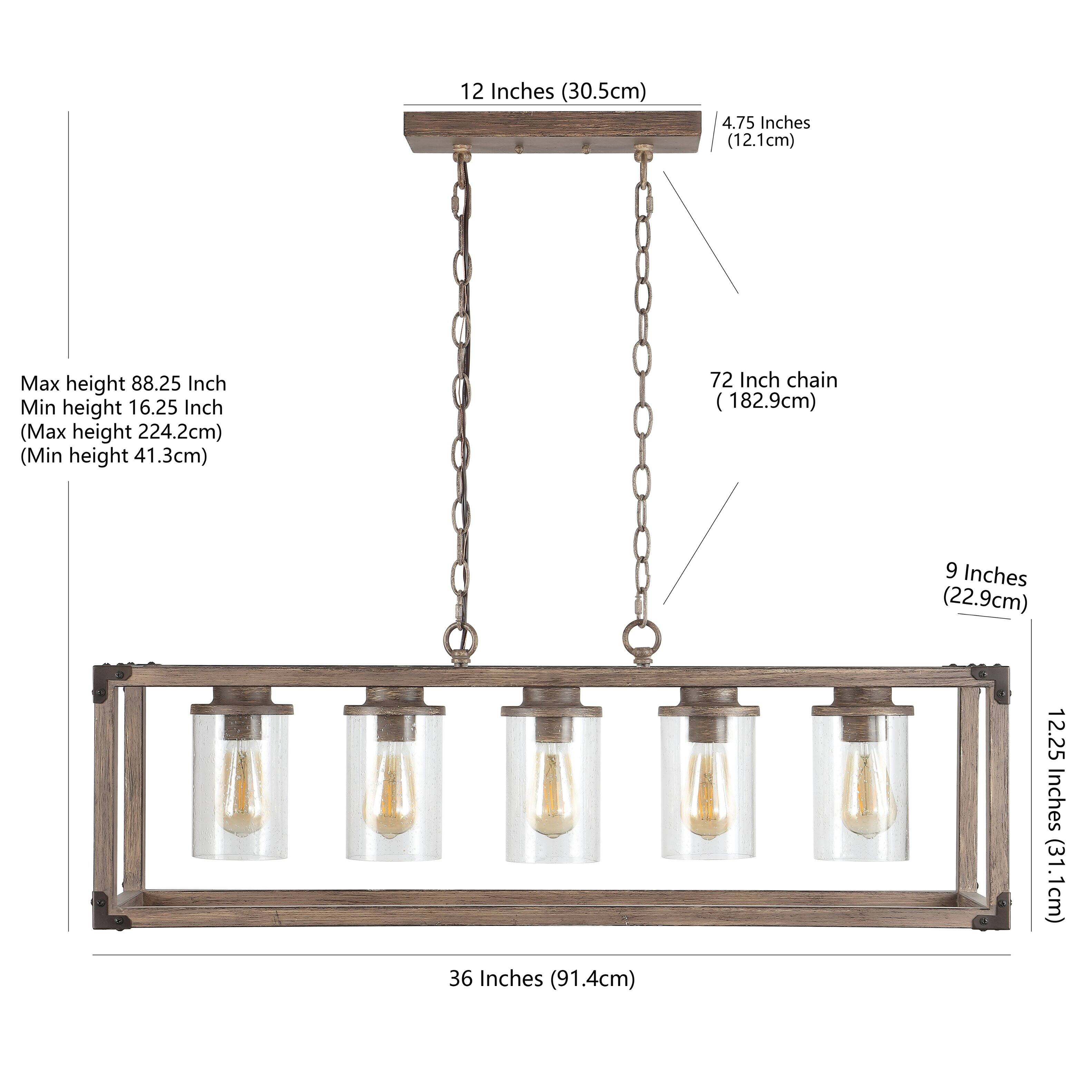 12 Inches (30.5cm)  
4.75 Inches (12.1cm)  
Max height 88.25 Inch (Max height 224.2cm)  
Min height 16.25 Inch (Min height 41.3cm)  
72 Inch chain (182.9cm)  
9 Inches (22.9cm)  
36 Inches (91.4cm)  
12.25 Inches (31.1cm)