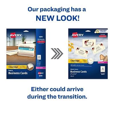 Our packaging has a NEW LOOK!

AVERY 5876
Clean Edge
Ivory Business Cards

AVERY 5875
Matte Ivory Business Cards

Either could arrive during the transition.