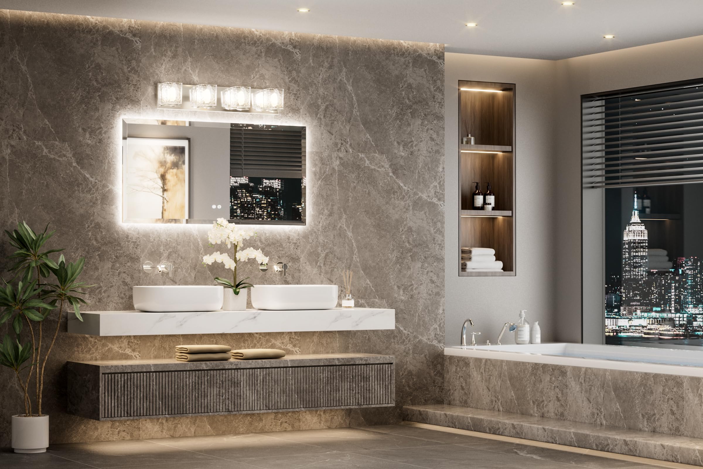 Left. VEGA AUTOMOTIVE - Backlit Bathroom Mirror 48 X 24 Frameless Led For Safe Tempered Glass 3 Color Temperature Defogging Dimmabl - 36"L x 42"W.