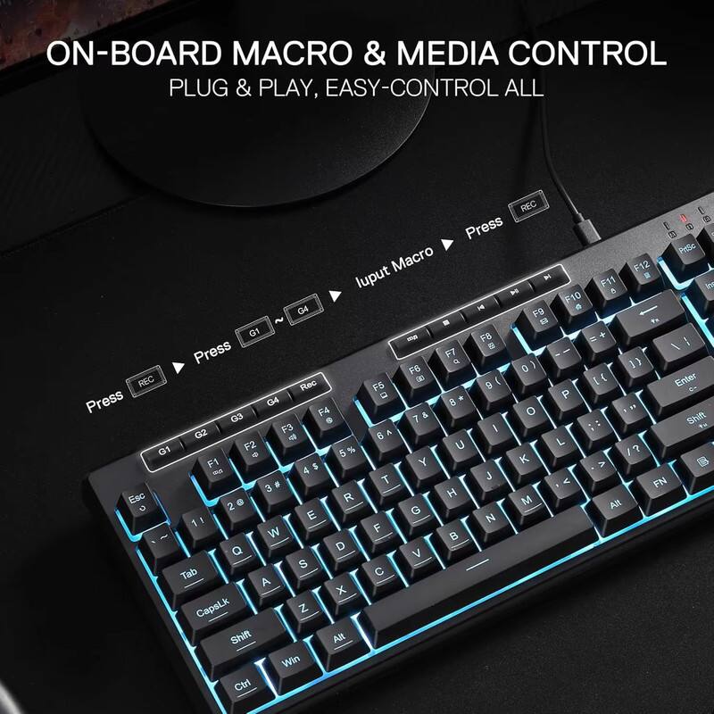 ON-BOARD MACRO & MEDIA CONTROL  
PLUG & PLAY, EASY-CONTROL ALL  

Press  
Input Macro  
Press  
REC  

G1 G2 G3 G4 G5 G6 G7 G8 G9 G10 G11 G12  

F1 F2 F3 F4 F5 F6 F7 F8 F9 F10 F11 F12  

1 2 3 4 5 6 7 8 9 0 - =  
Q W E R T Y U I O P [ ] \  
A S D F G H J K L ; '  
Z X C V B N M , . /  

Tab CapsLock Shift Win Ctrl Alt FN