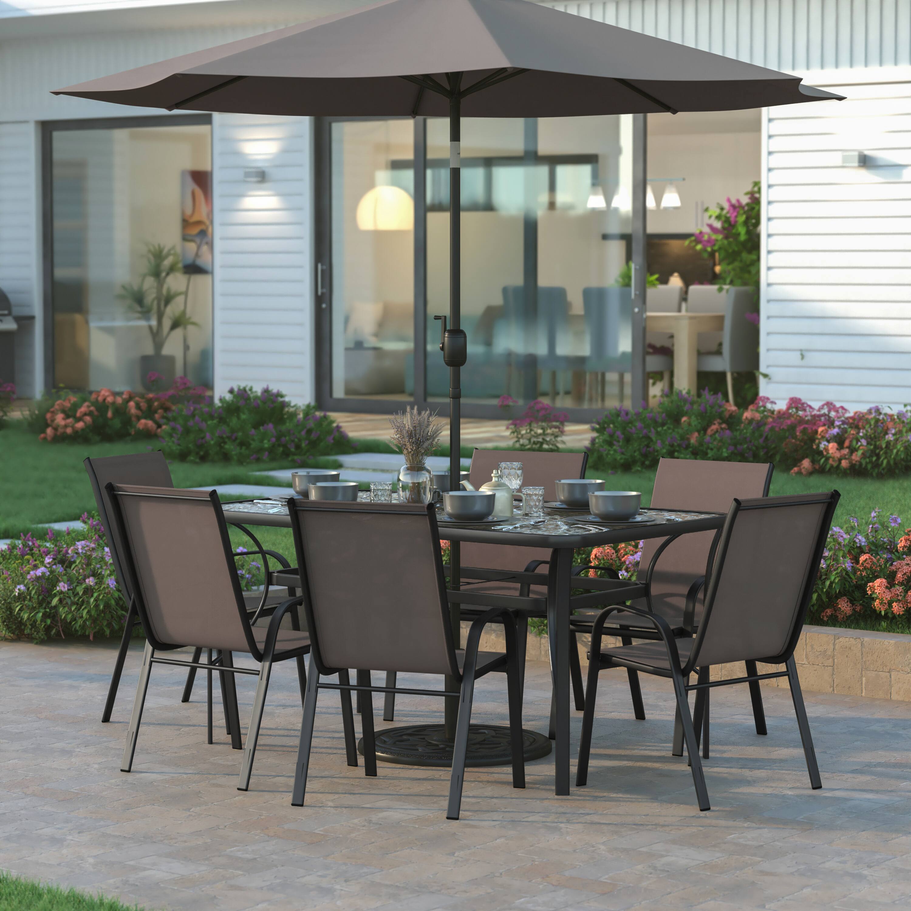 Alt View 1. Emma + Oliver - Bartlett 7 Piece Outdoor Dining Set with Tempered Glass Top Patio Table and 6 Flex Comfort Textilene Stacking Chairs - Brown.
