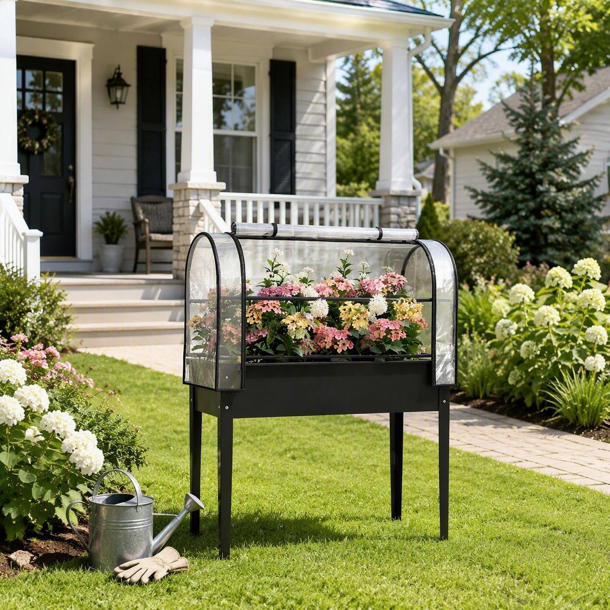 Alt View 1. RYHNUYNE - Raised Garden Bed with Mini Greenhouse Cover, 39.4x19.3x53.5 Inch Elevated Planter Box on Legs, 26 Gallon Metal - Black.