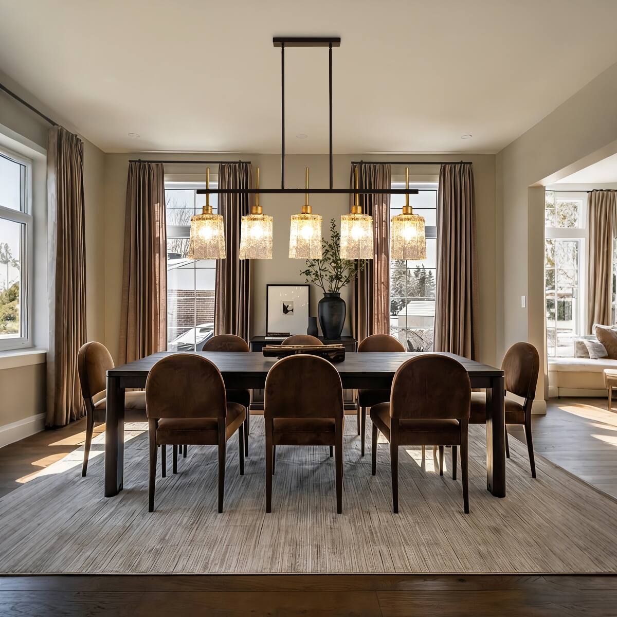 Back. Loheer - Loheer Five Light Linear Chandelier With Water Ripple Glass for Dining Room or Kitchen Island.