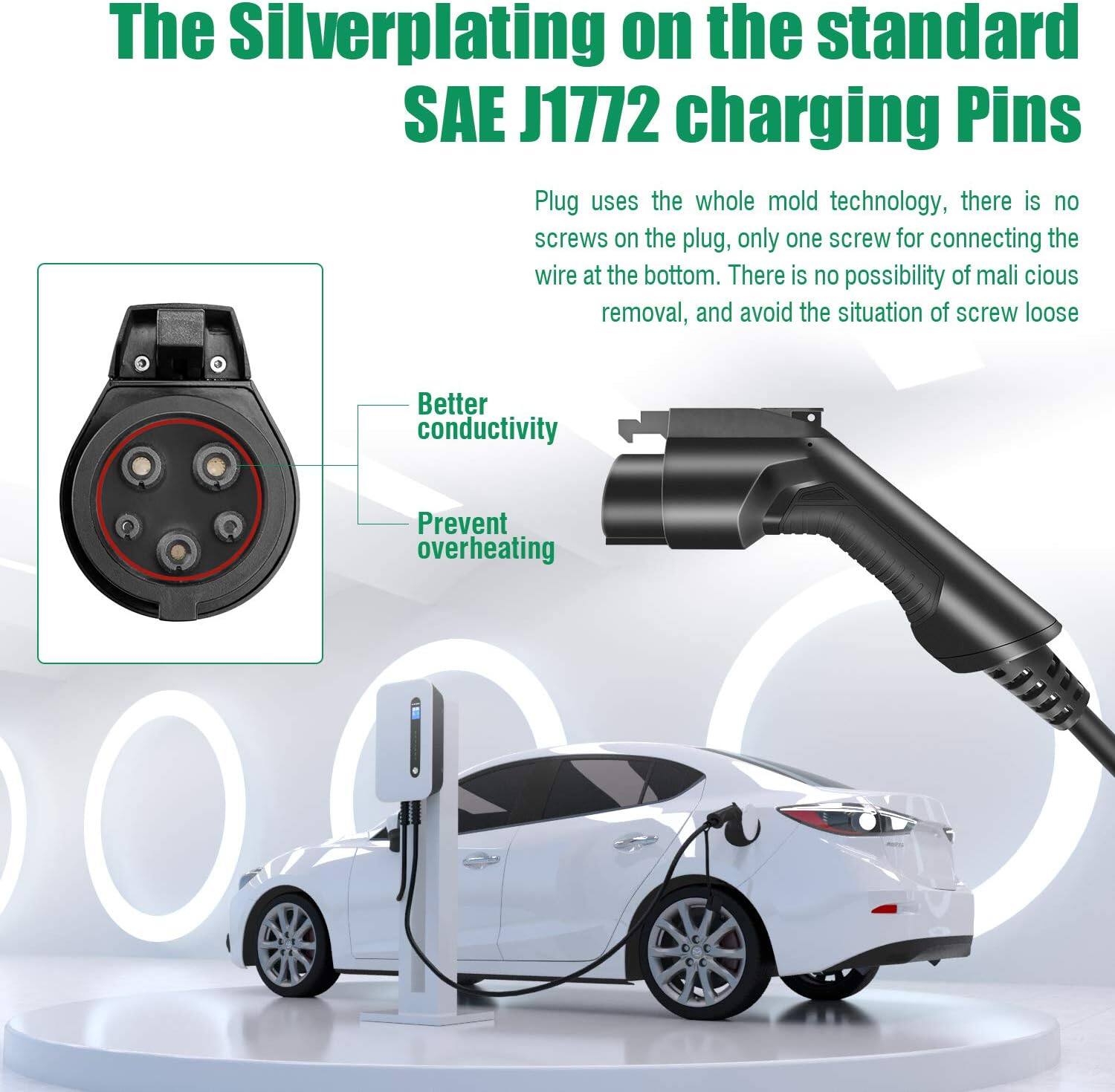The Silverplating on the standard SAE J1772 charging Pins Plug uses the whole mold technology, there is no screws on the plug, only one screw for connecting the wire at the bottom. There is no possibility of malicious removal, and avoid the situation of screw loose. Better conductivity. Prevent overheating.