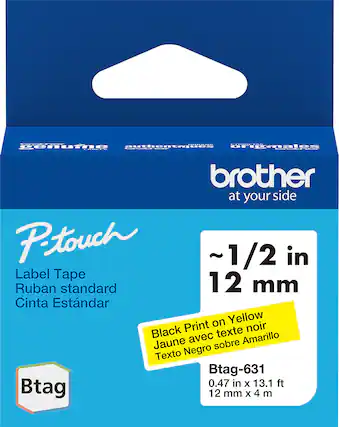 - **Brand:** Brother
- **Product Line:** P-touch
- **Product Type:** Label Tape
- **Description:** Ruban standard / Cinta Estándar
- **Size:** ~1/2 in / 12 mm
- **Color:** Black Print on Yellow / Jaune avec texte noir / Texto Negro sobre Amarillo
- **Model:** Btag-631
- **Dimensions:** 0.47 in x 13.1 ft / 12 mm x 4 m
- **Slogan:** at your side