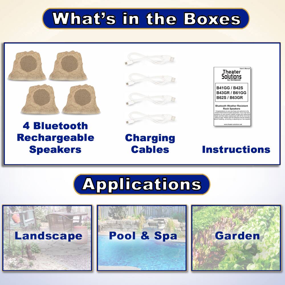 What's in the Boxes

- 4 Bluetooth Rechargeable Speakers
- Charging Cables
- Instructions

Applications

- Landscape
- Pool & Spa
- Garden

Theater Solutions  
B41GG / B42S / B43GR / B61GG / B62S / B63GR  
Bluetooth Weather Resistant Rock Speakers