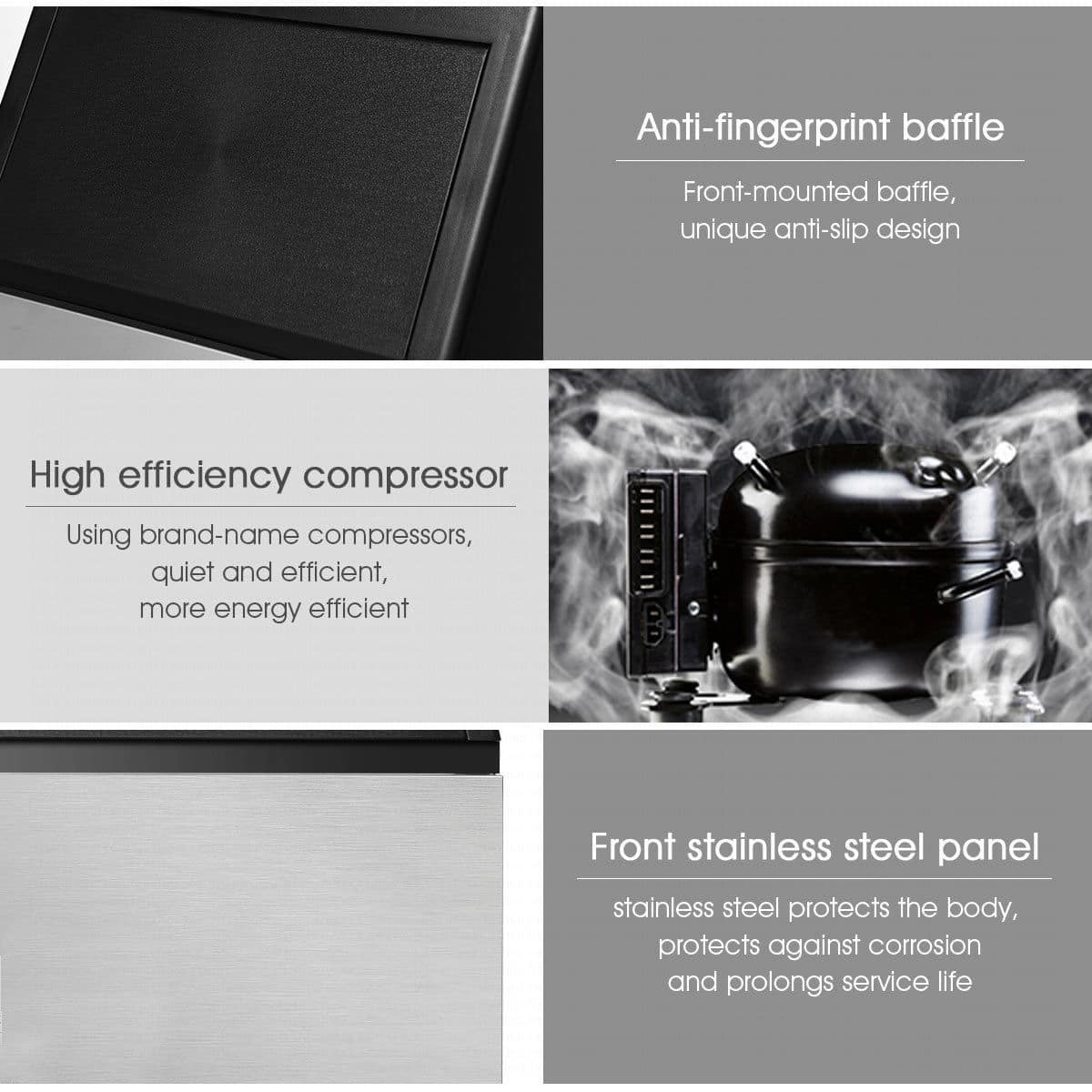 The image shows a product with four different features described in the text. The features are:
1. Anti-fingerprint baffle: This feature helps to reduce fingerprints and smudges on the surface of the product.
2. Front-mounted baffle: This feature is a unique anti-slip design that adds stability and prevents the product from sliding.
3. High efficiency compressor: This feature uses brand-name compressors to provide a quiet and efficient operation, resulting in more energy efficiency.
4. Front stainless steel panel: This feature is made of stainless steel, which protects the body of the product from corrosion and prolongs its service life.