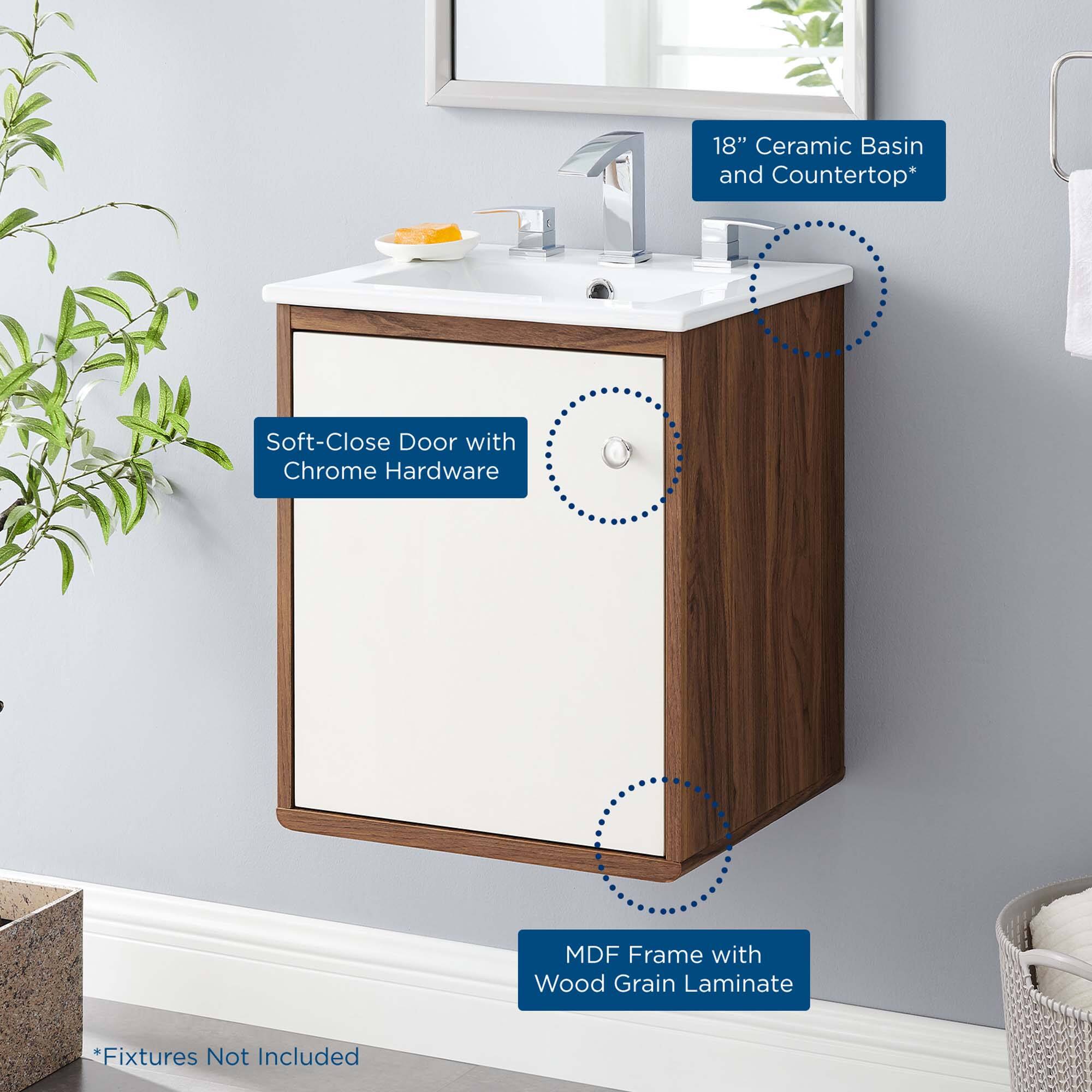 18" Ceramic Basin and Countertop*  
Soft-Close Door with Chrome Hardware  
MDF Frame with Wood Grain Laminate  
*Fixtures Not Included