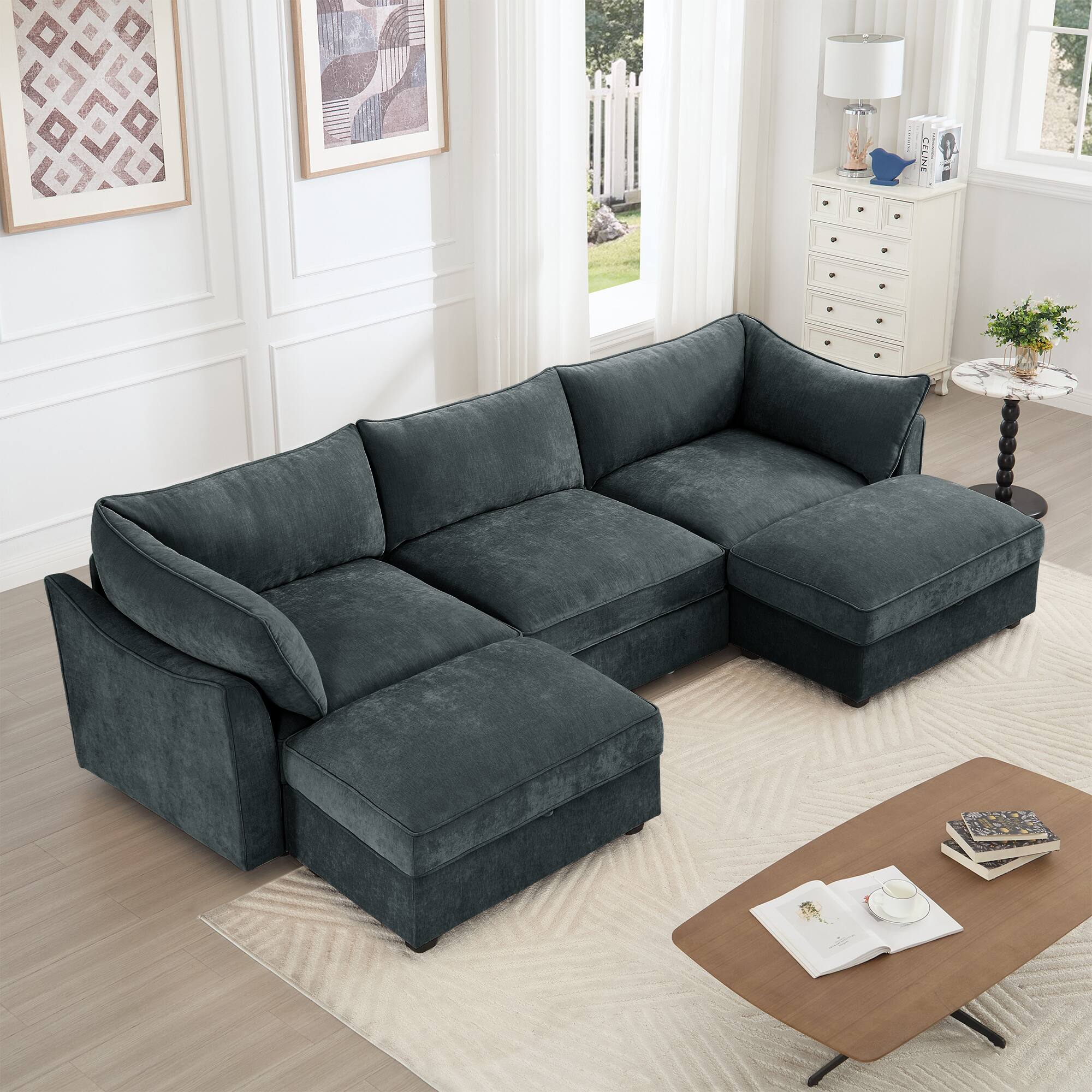 Angle. Aukfa - U-Shaped 3-Seater Deep-Seat Sofa with 2 Footstools - Pull-Out Storage Drawers, Crescent Armrests, Chenille - Gray.